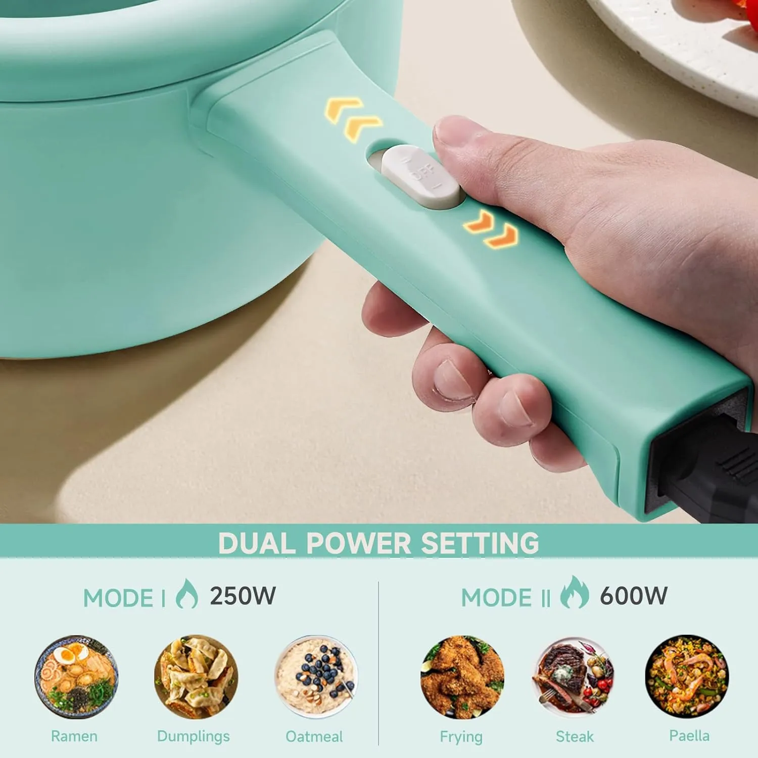 Dezin Electric Cooker, 2L Non-Stick Saut Pan, Rapid Noodles Cooker, Mini Pot for Steak, Egg, Fried Rice, Ramen, Oatmeal, Soup with Power Adjustment, College Dorm Room Essential