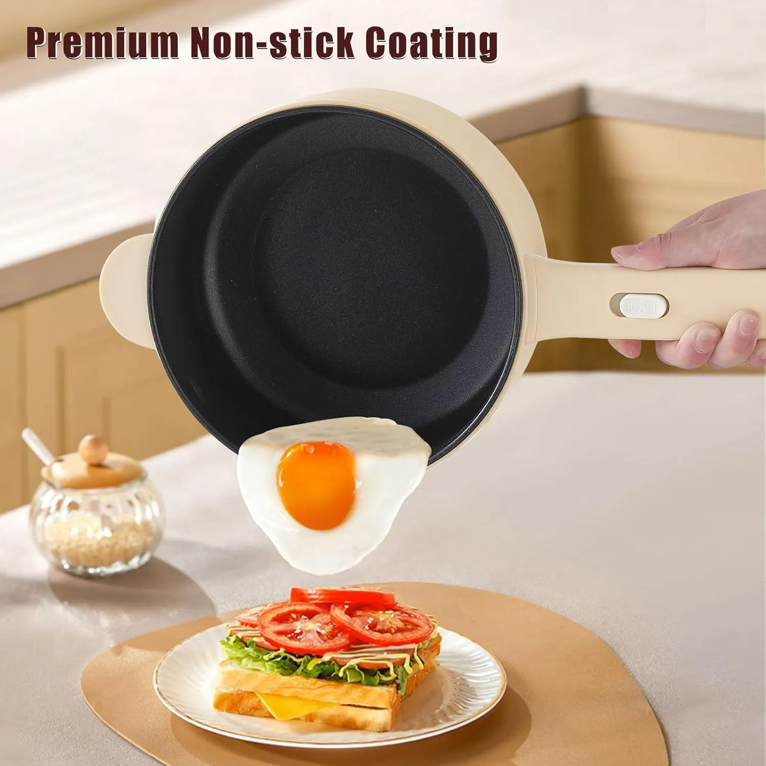 Dezin Electric Cooker, 2L Non-Stick Saut Pan, Rapid Noodles Cooker, Mini Pot for Steak, Egg, Fried Rice, Ramen, Oatmeal, Soup with Power Adjustment, College Dorm Room Essential(Egg Rack Included)
