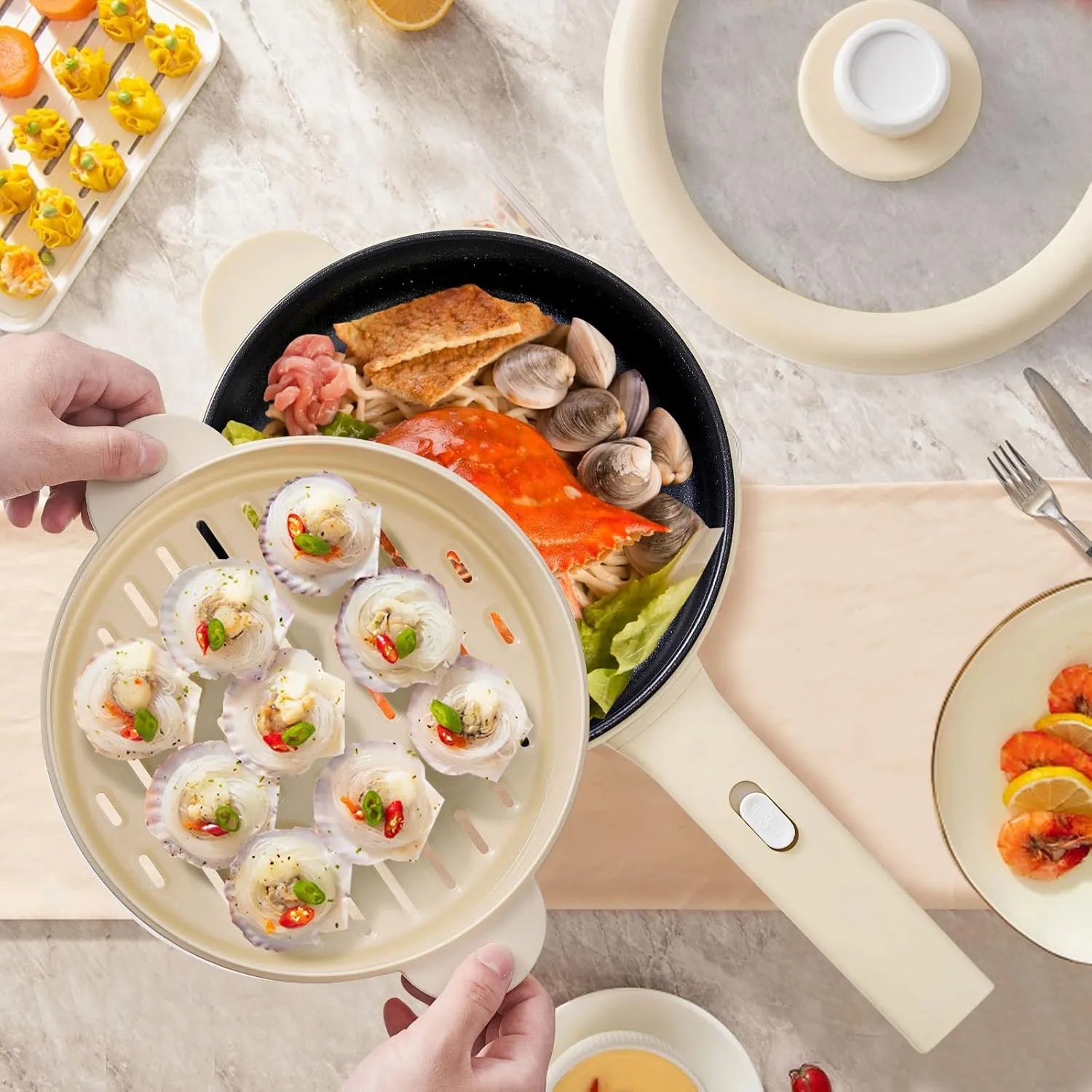 Dezin Electric Cooker, 2L Non-Stick Saut Pan, Rapid Noodles Cooker, Mini Pot for Steak, Egg, Fried Rice, Ramen, Oatmeal, Soup with Power Adjustment, College Dorm Room Essential(Egg Rack Included)