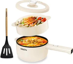 Dezin Electric Cooker, 2L Non-Stick Saut Pan, Rapid Noodles Cooker, Mini Pot for Steak, Egg, Fried Rice, Ramen, Oatmeal, Soup with Power Adjustment, College Dorm Room Essential(Egg Rack Included)
