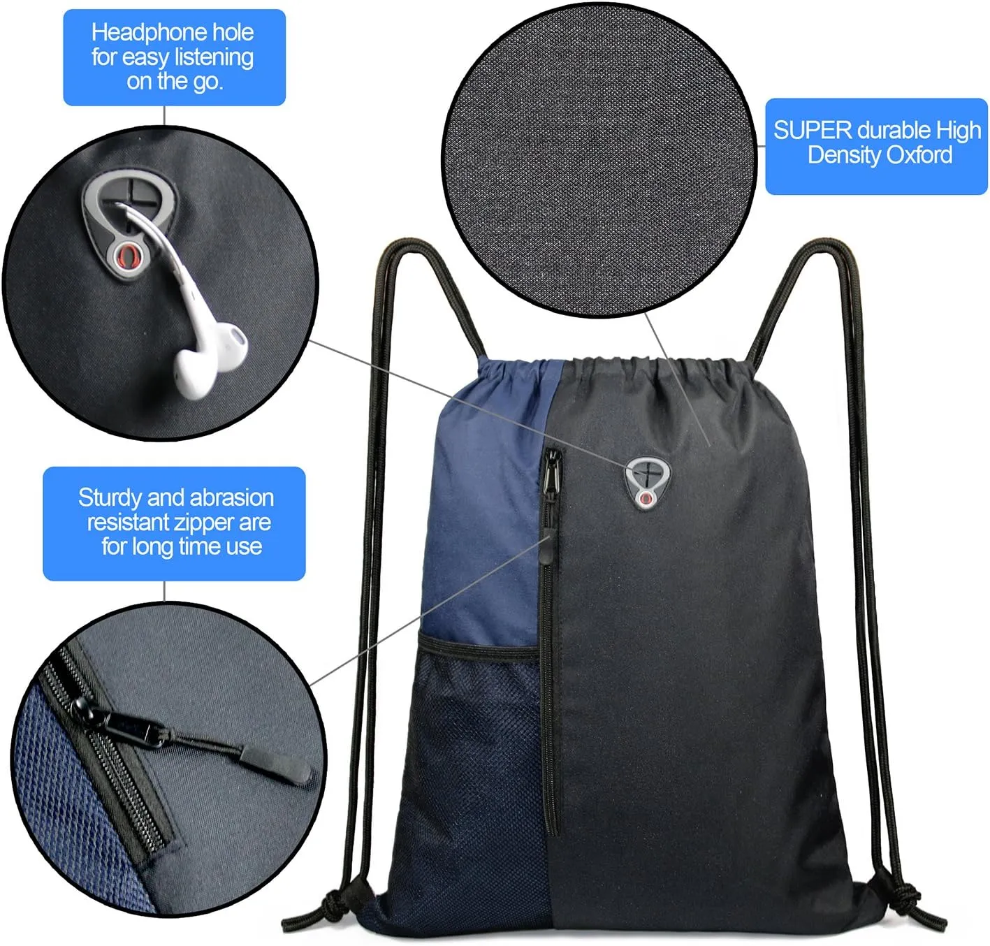 Drawstring Backpack Sports Gym Bag for Women Men Large Size With Two Zipper Pockets and Water Bottle Mesh Pockets