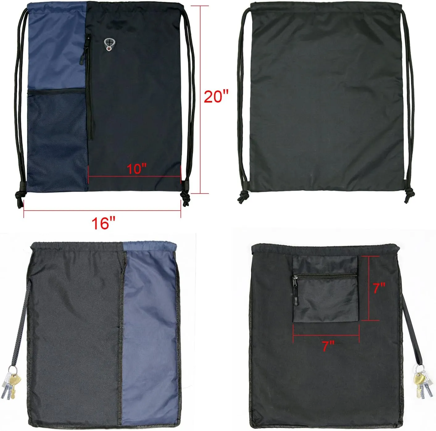 Drawstring Backpack Sports Gym Bag for Women Men Large Size With Two Zipper Pockets and Water Bottle Mesh Pockets