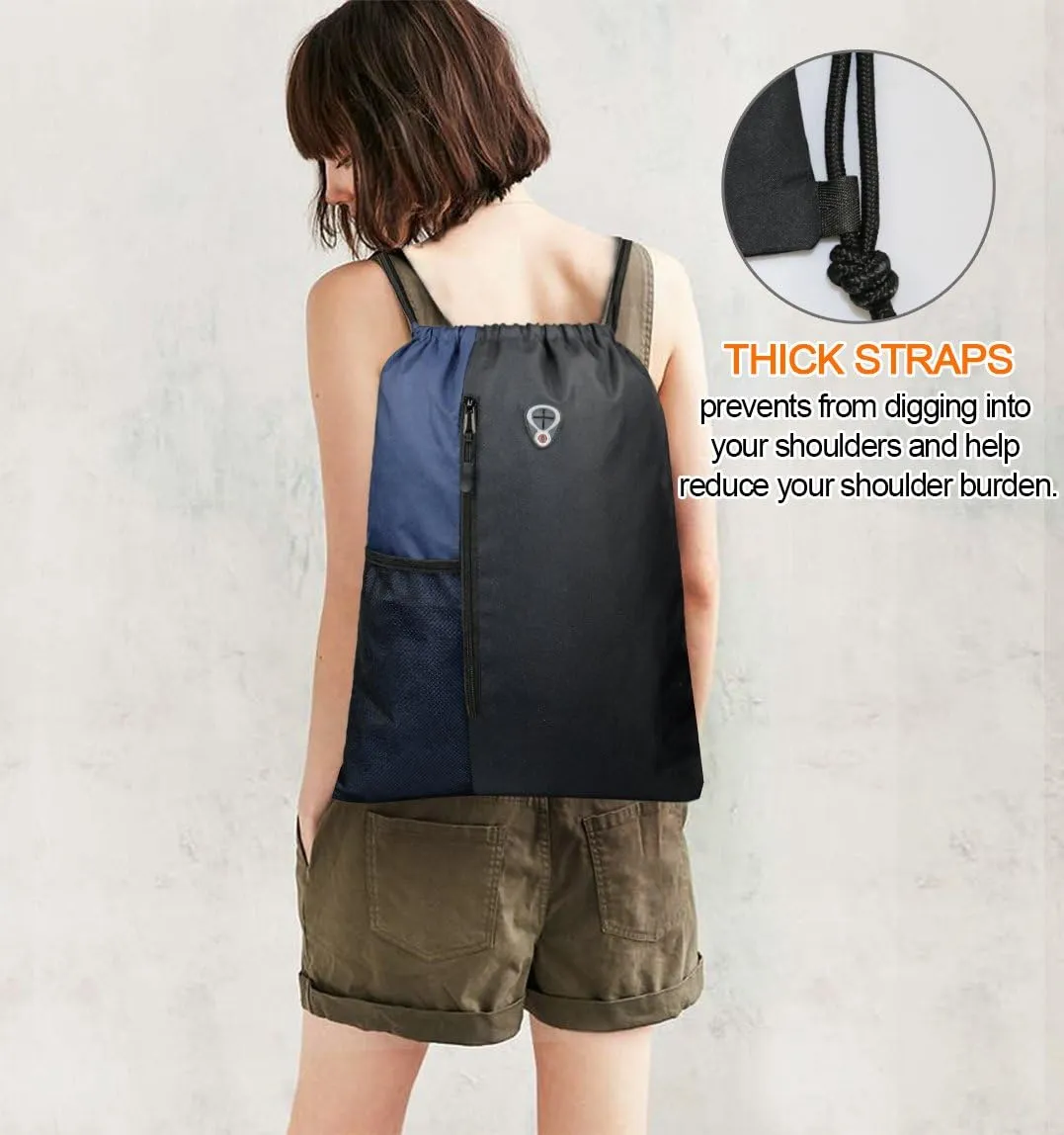 Drawstring Backpack Sports Gym Bag for Women Men Large Size With Two Zipper Pockets and Water Bottle Mesh Pockets