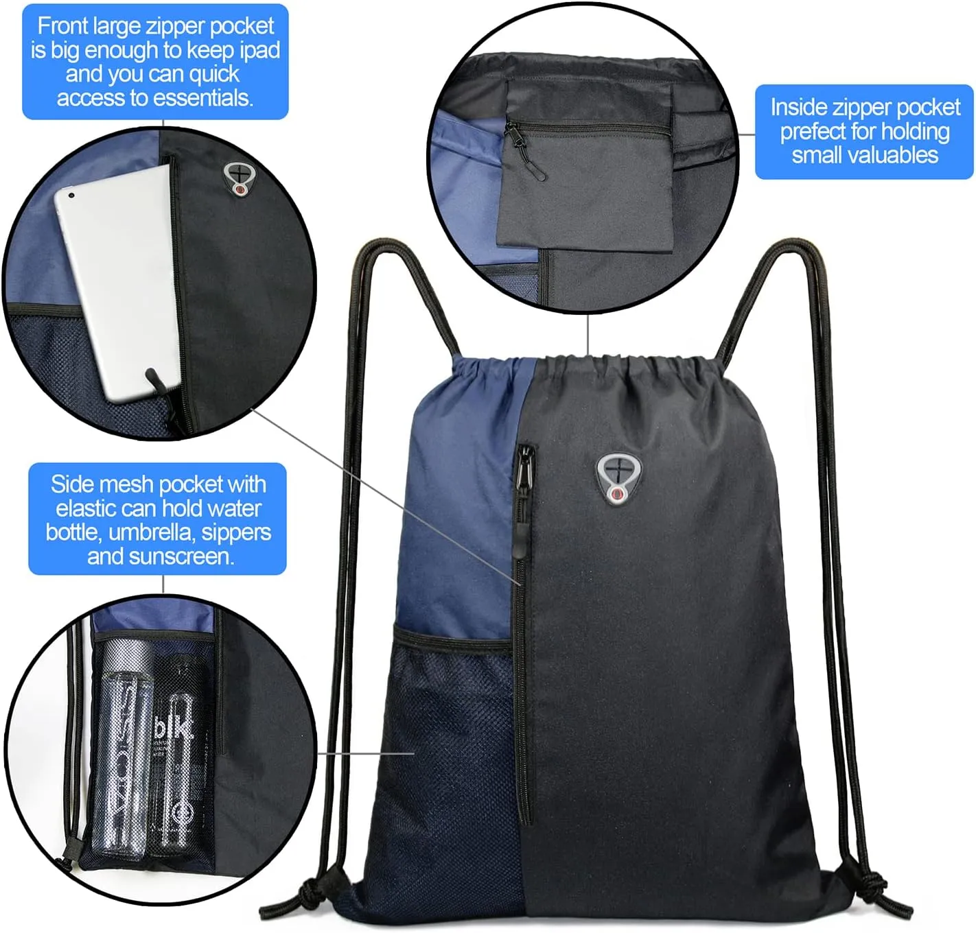 Drawstring Backpack Sports Gym Bag for Women Men Large Size With Two Zipper Pockets and Water Bottle Mesh Pockets