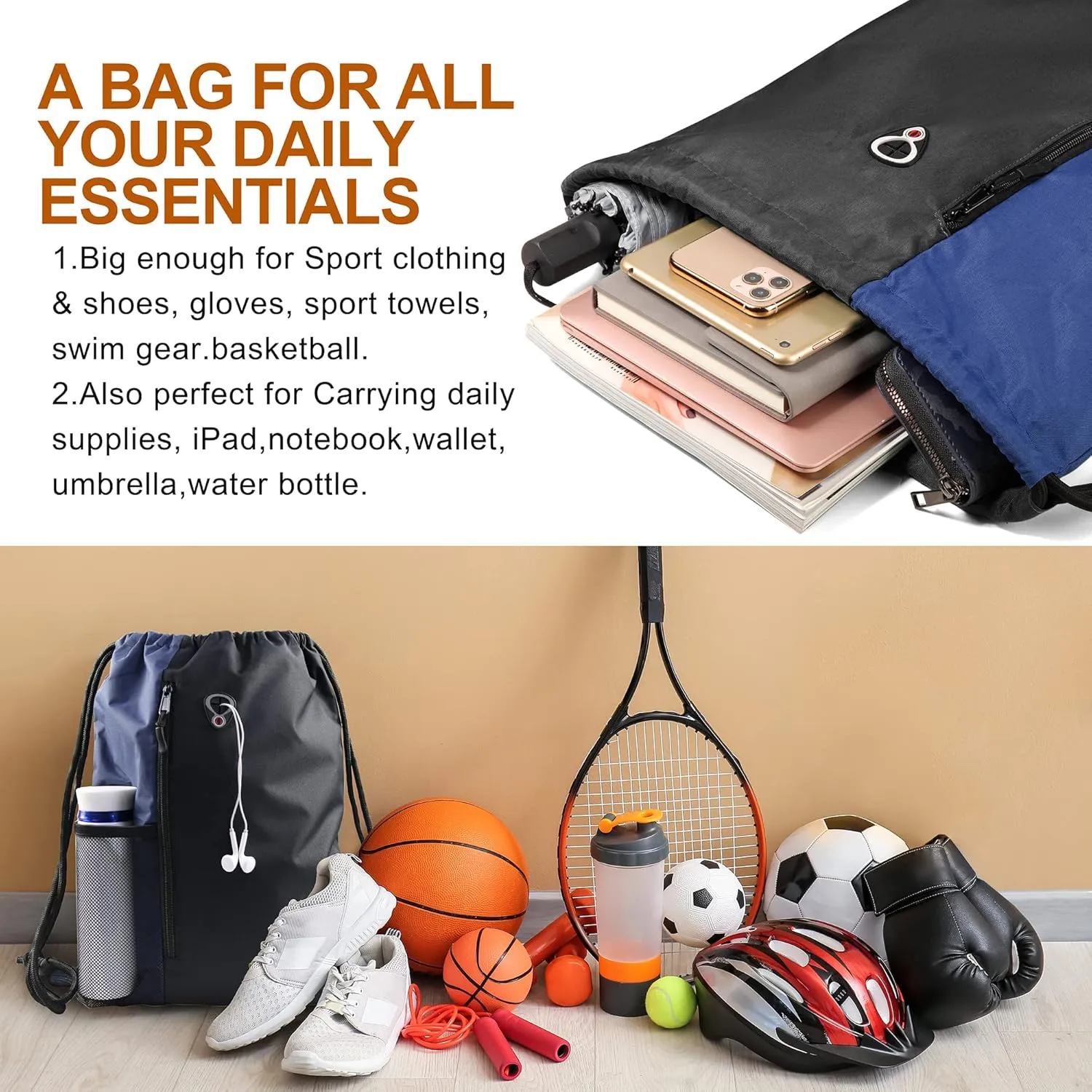 Drawstring Backpack Sports Gym Bag for Women Men Large Size With Two Zipper Pockets and Water Bottle Mesh Pockets