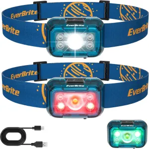 EverBrite Rechargeable Headlamp, 2 Pack Kids Headlamp with White/Red/Green Light and Memory Function, Head Lamp for Adult and Kid with 5 Modes, 120 Adjustable LED Headlamp for Camping, Running-Blue