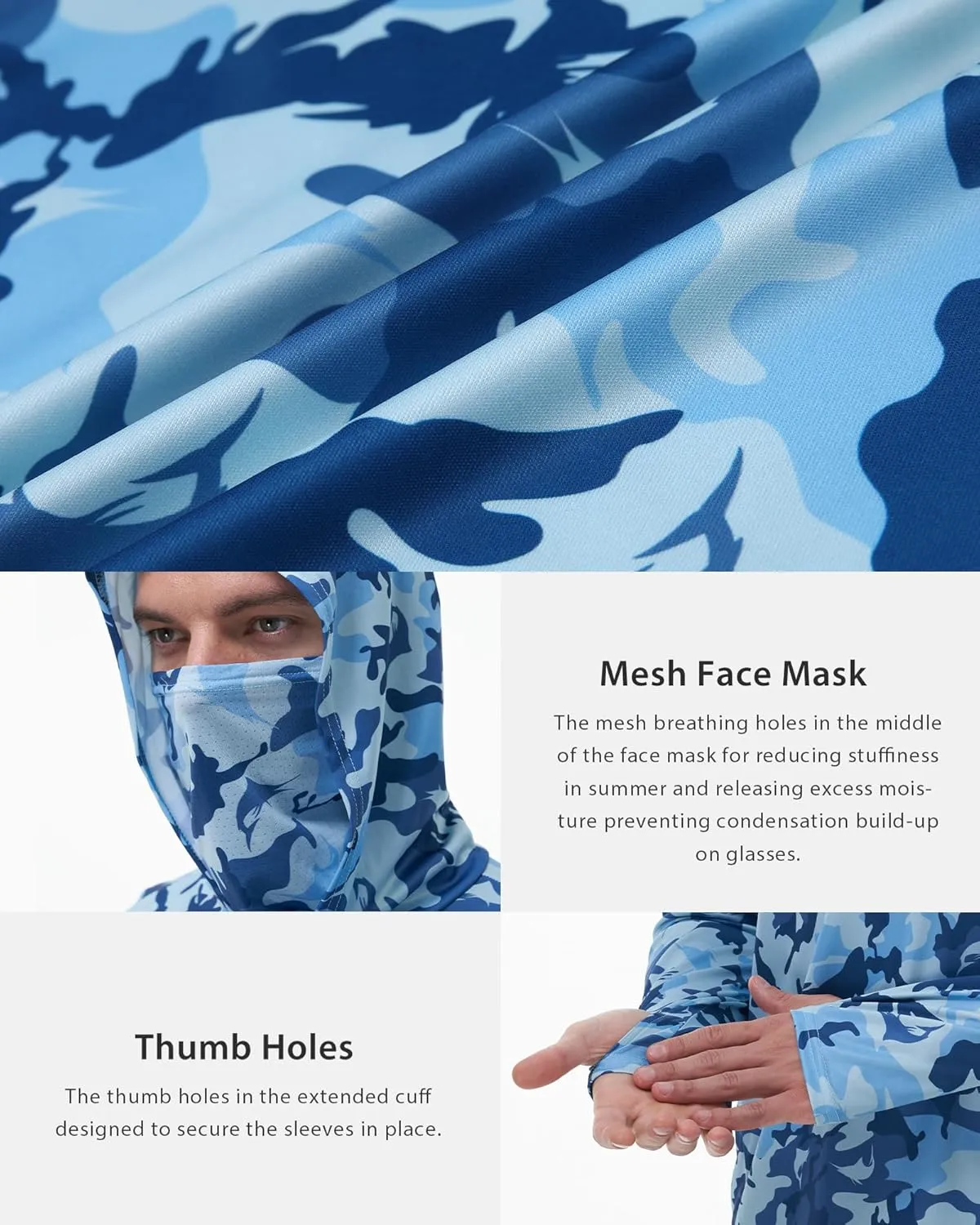 FISHEAL Men's Performance Fishing Hoodie Shirt - UPF 50  Sun Protection Long Sleeve Thumbholes Shirts with Neck Gaiter