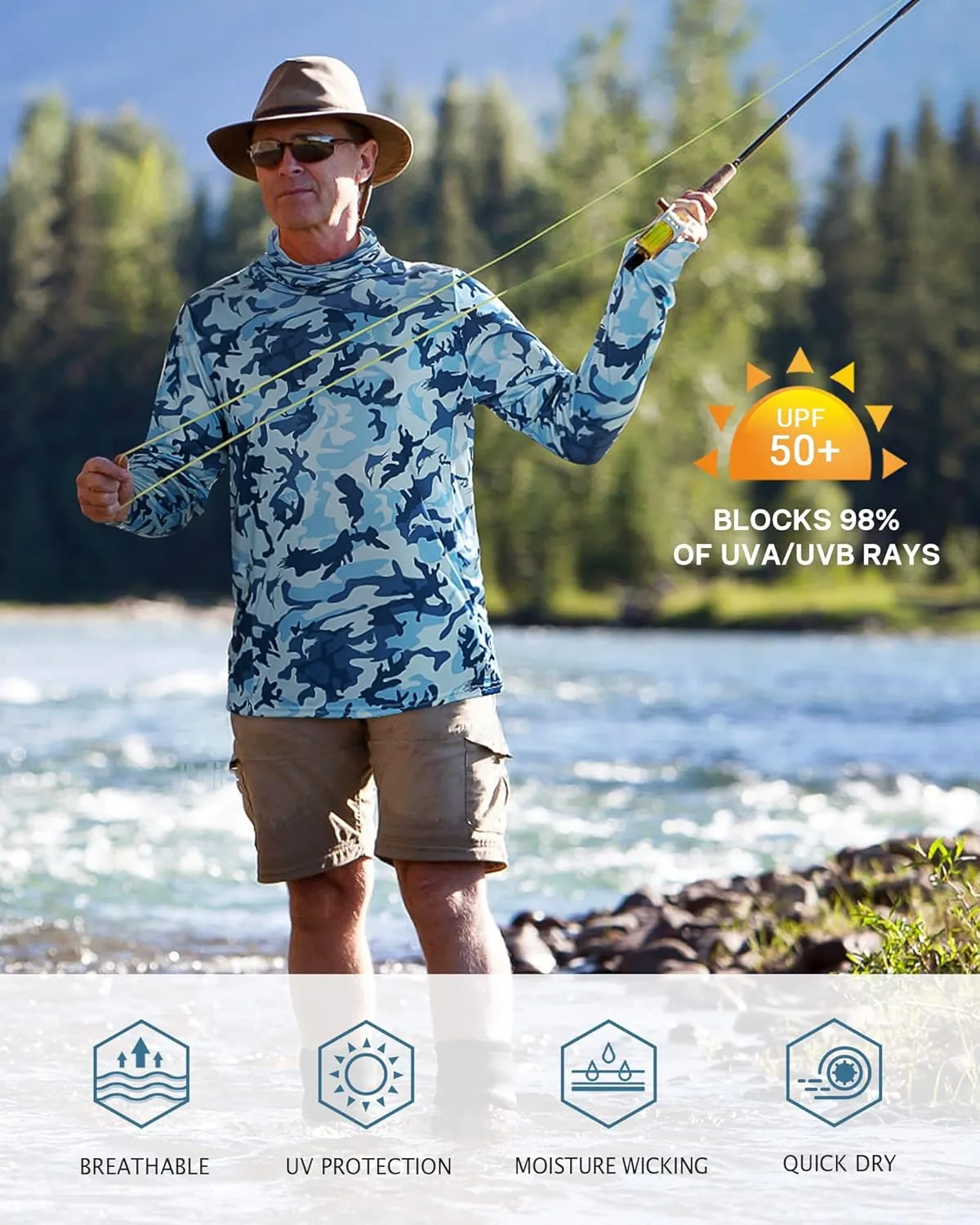 FISHEAL Men's Performance Fishing Hoodie Shirt - UPF 50  Sun Protection Long Sleeve Thumbholes Shirts with Neck Gaiter