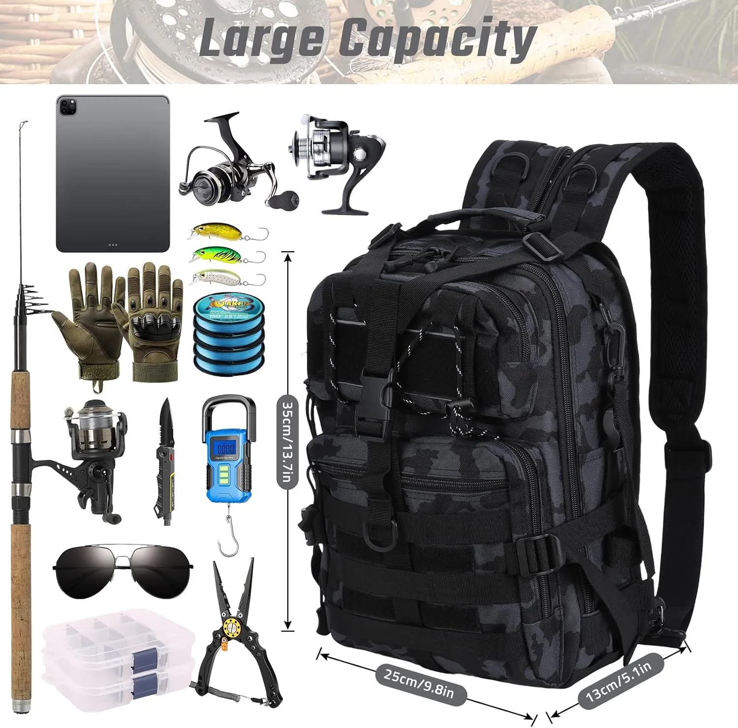 Fishing Tackle Backpack, Military Tactical Backpack Tactical Sling Backpack Bag Fishing Tackle Storage Bag Fish Gear Bag Molle Assault Pack Tactical Hiking Rucksack (Blue)