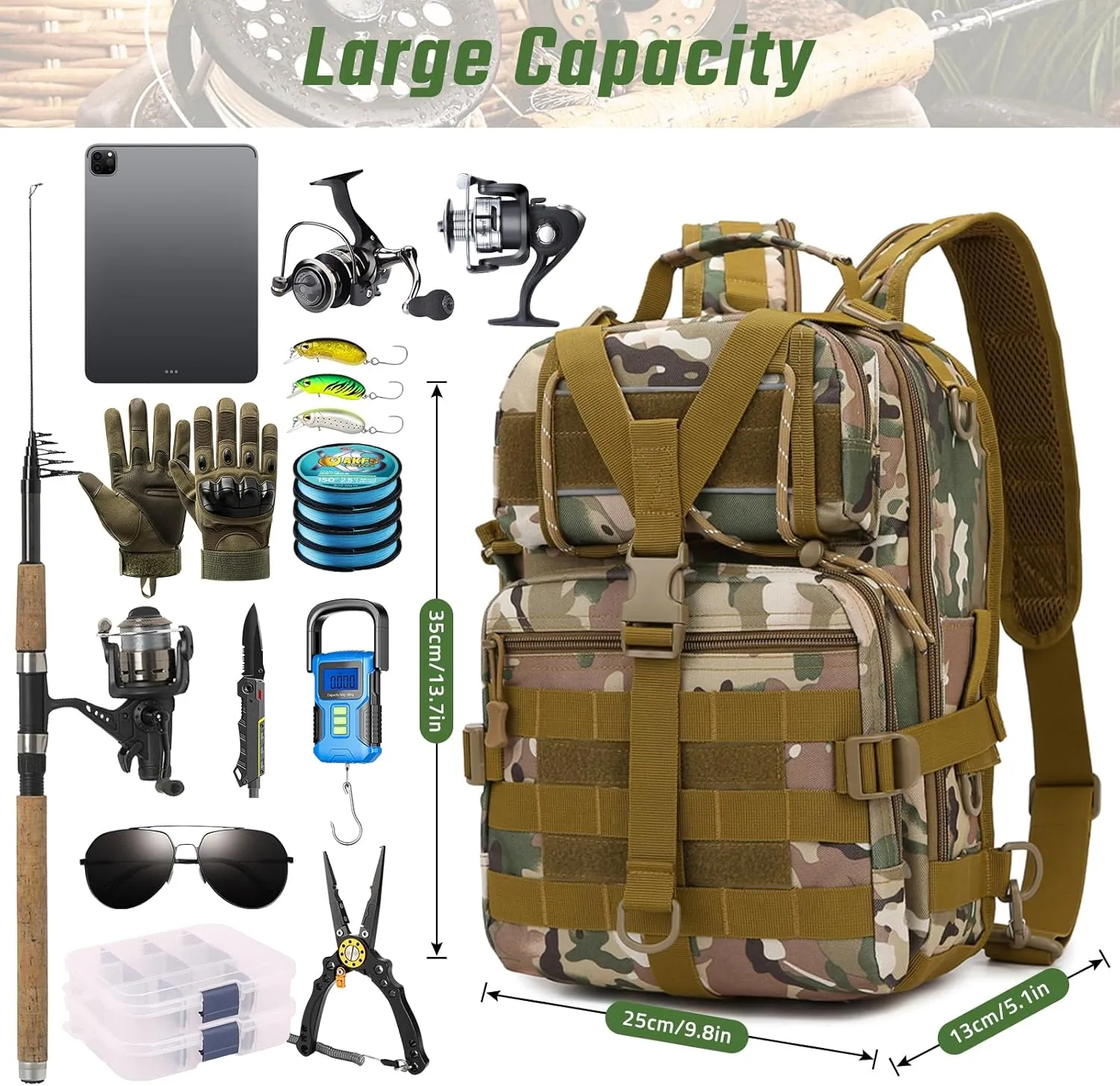 Fishing Tackle Backpack, Military Tactical Backpack Tactical Sling Backpack Bag Fishing Tackle Storage Bag Fish Gear Bag Molle Assault Pack Tactical Hiking Rucksack (Yellow)