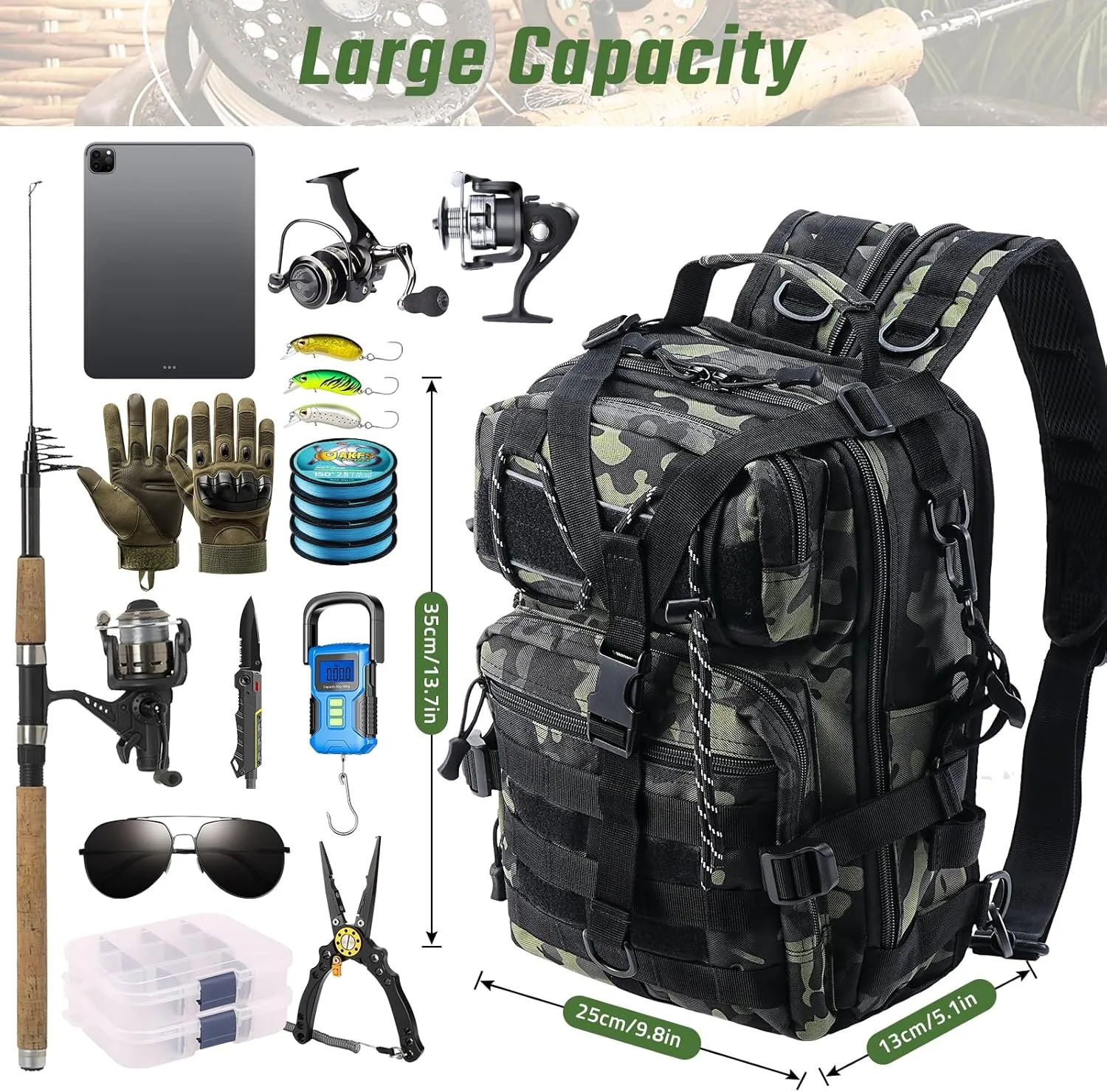 Fishing Tackle Backpack, Military Tactical Backpack Tactical Sling Backpack Bag Fishing Tackle Storage Bag Fish Gear Bag Molle Assault Pack Tactical Hiking Rucksack(Green)