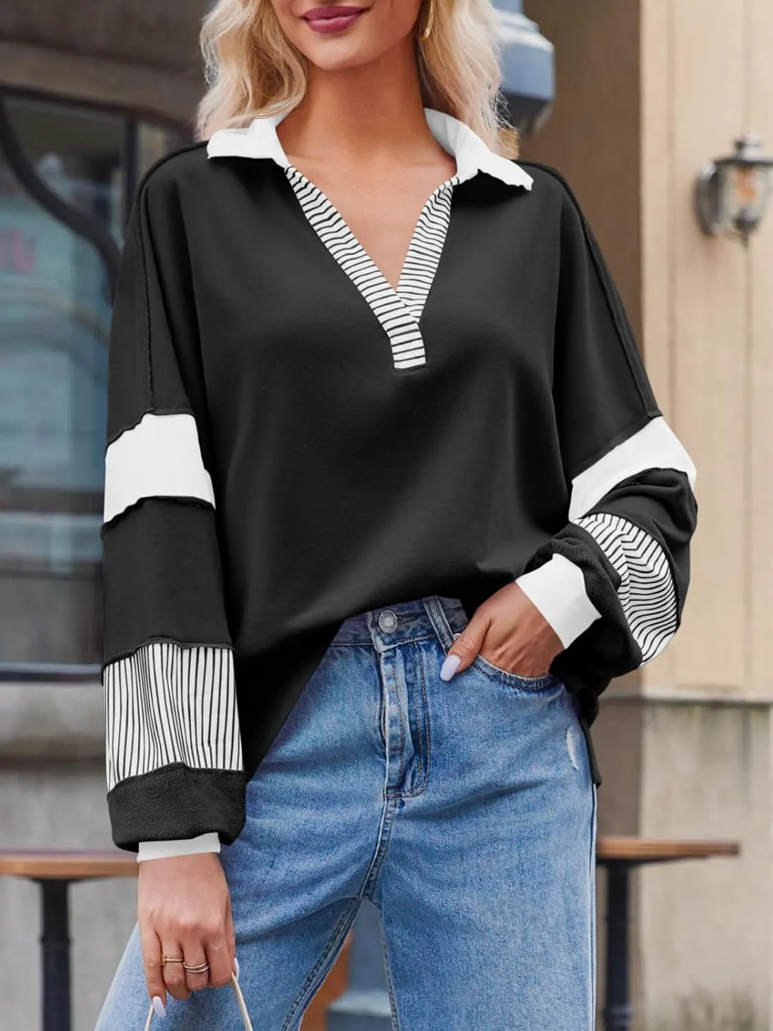 Fisoew Womens Color Block Oversized Sweatshirt V Neck Long Sleeve Casual Loose Pullover Tops