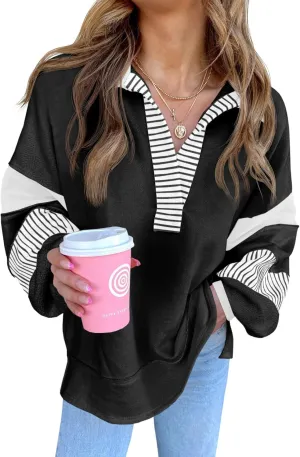 Fisoew Womens Color Block Oversized Sweatshirt V Neck Long Sleeve Casual Loose Pullover Tops