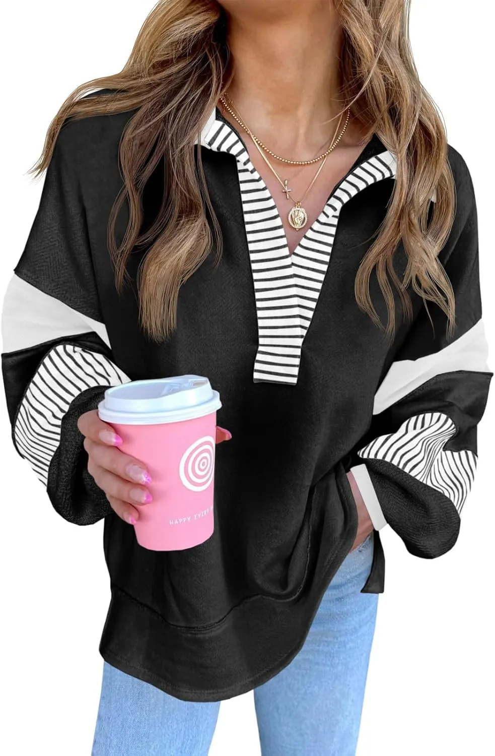 Fisoew Womens Color Block Oversized Sweatshirt V Neck Long Sleeve Casual Loose Pullover Tops