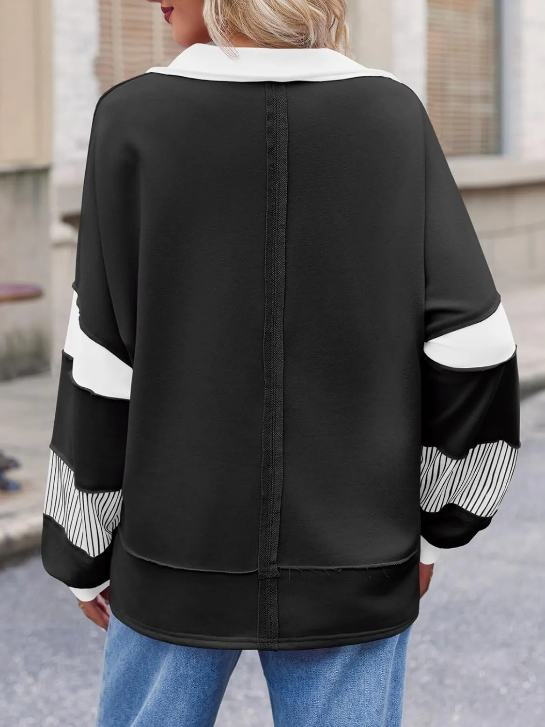 Fisoew Womens Color Block Oversized Sweatshirt V Neck Long Sleeve Casual Loose Pullover Tops