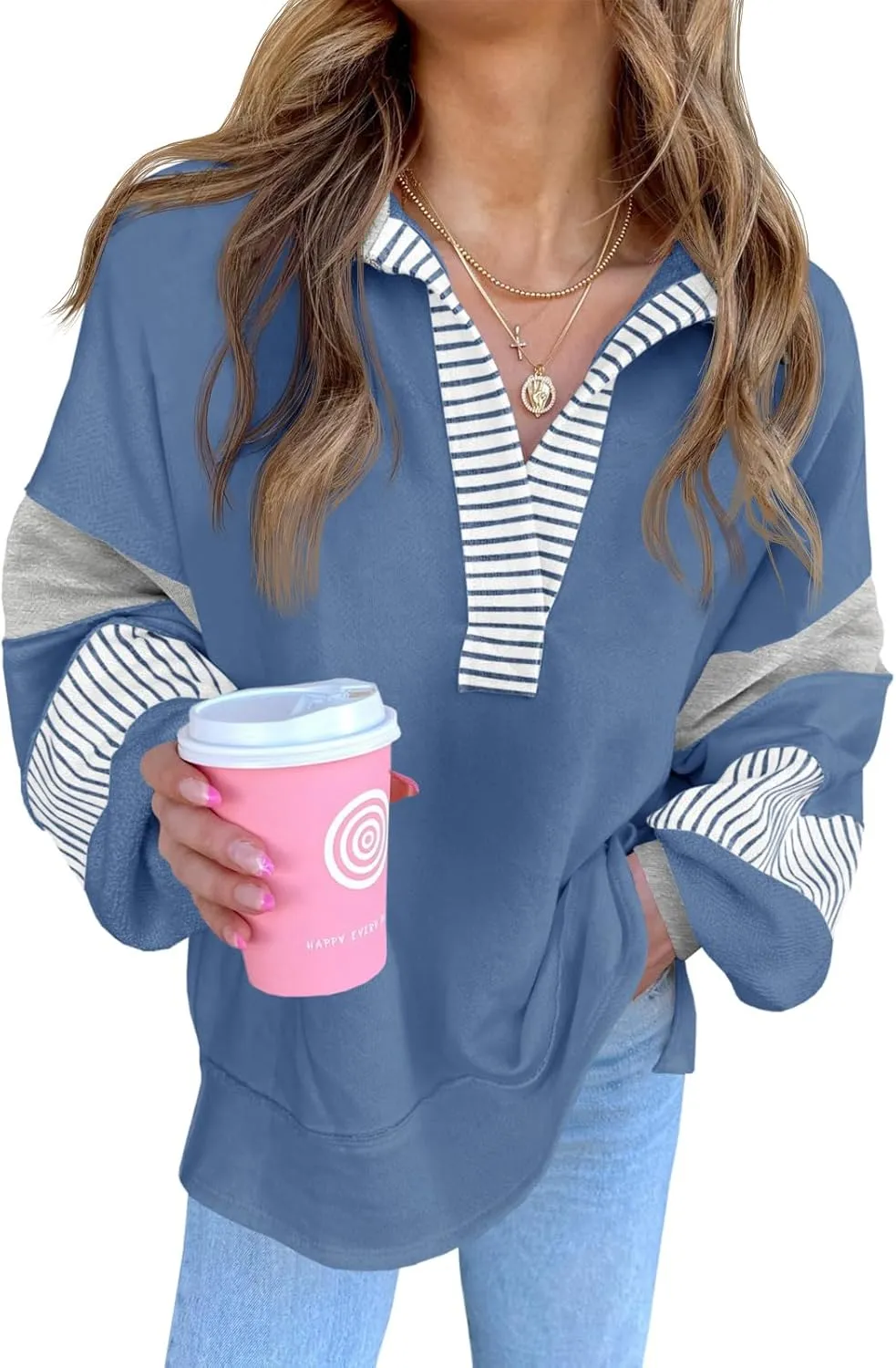 Fisoew Womens Color Block Oversized Sweatshirt V Neck Long Sleeve Casual Loose Pullover Tops