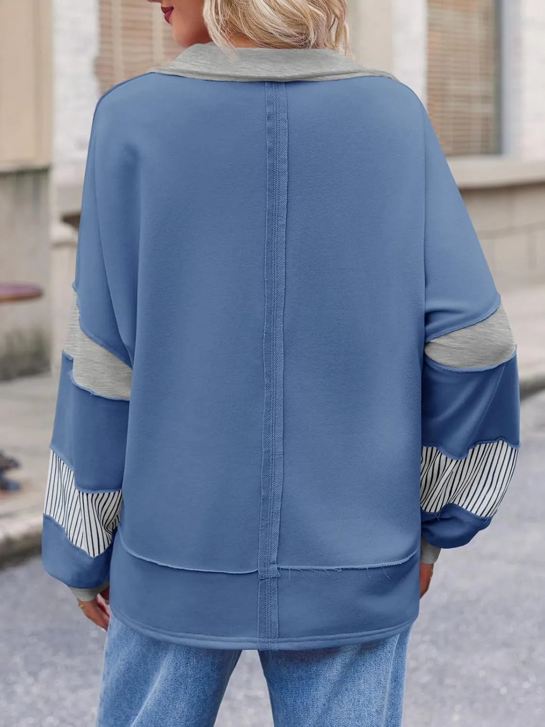 Fisoew Womens Color Block Oversized Sweatshirt V Neck Long Sleeve Casual Loose Pullover Tops