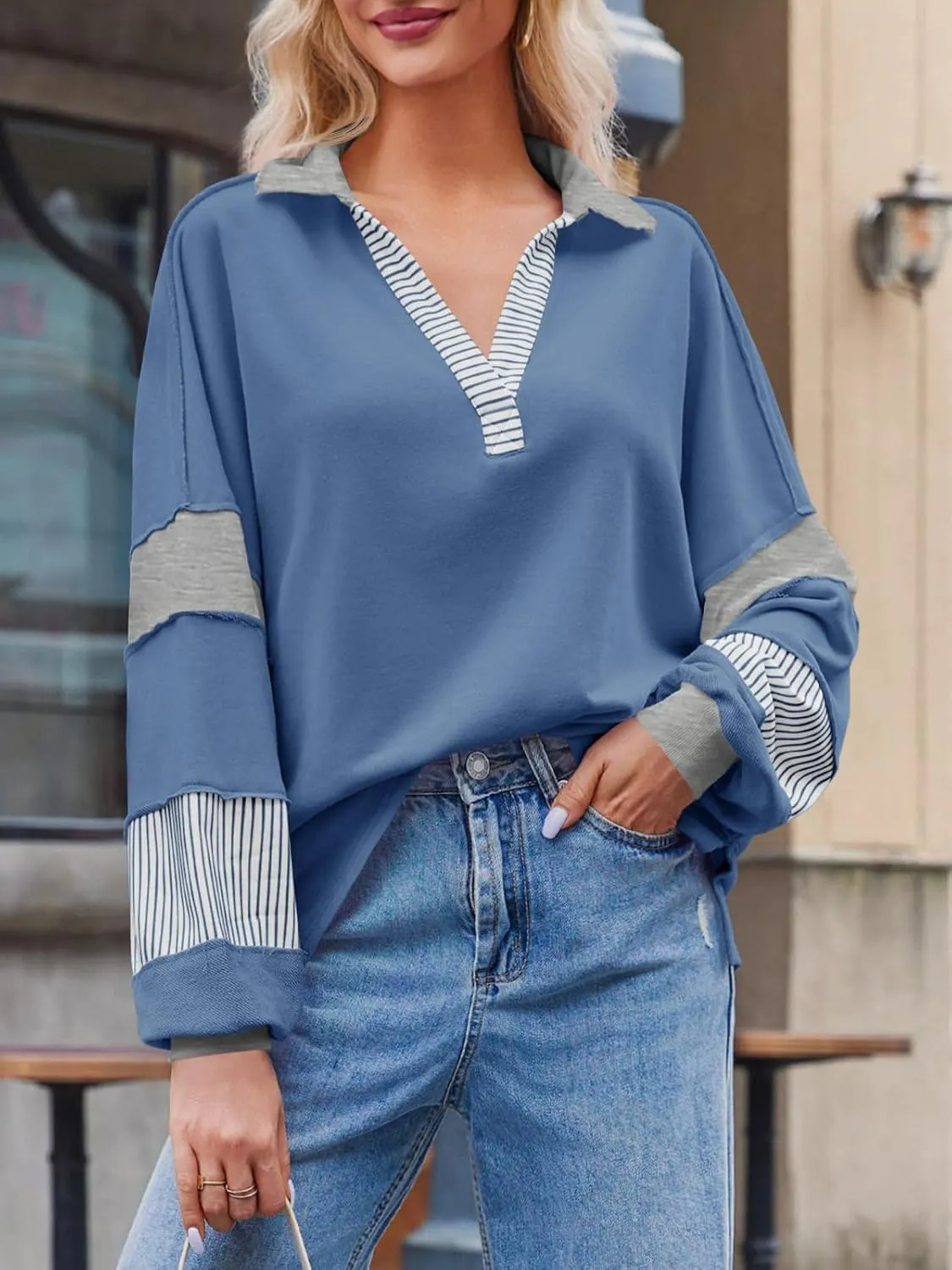 Fisoew Womens Color Block Oversized Sweatshirt V Neck Long Sleeve Casual Loose Pullover Tops