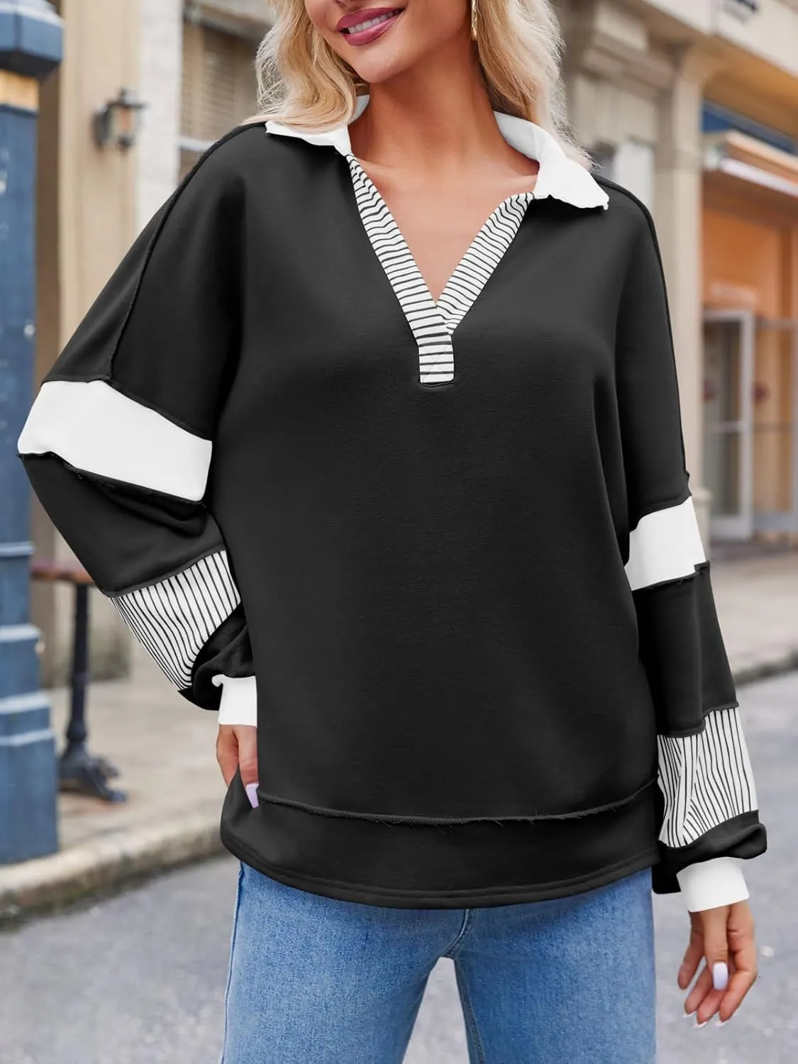 Fisoew Womens Color Block Oversized Sweatshirt V Neck Long Sleeve Casual Loose Pullover Tops