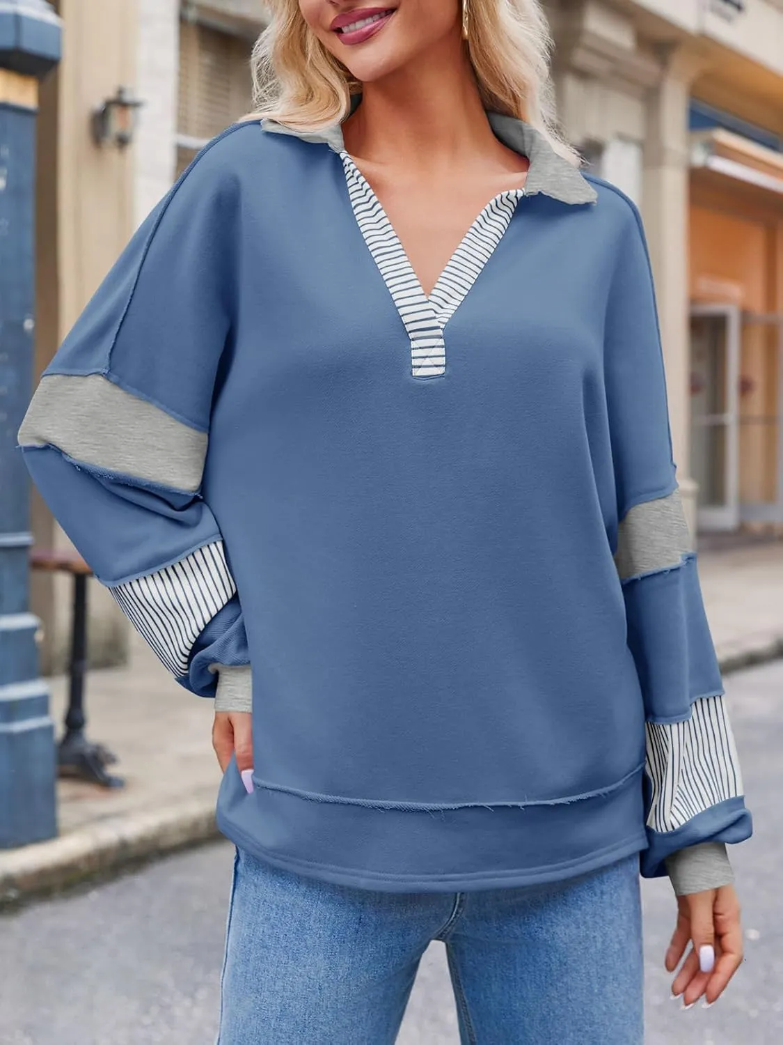 Fisoew Womens Color Block Oversized Sweatshirt V Neck Long Sleeve Casual Loose Pullover Tops