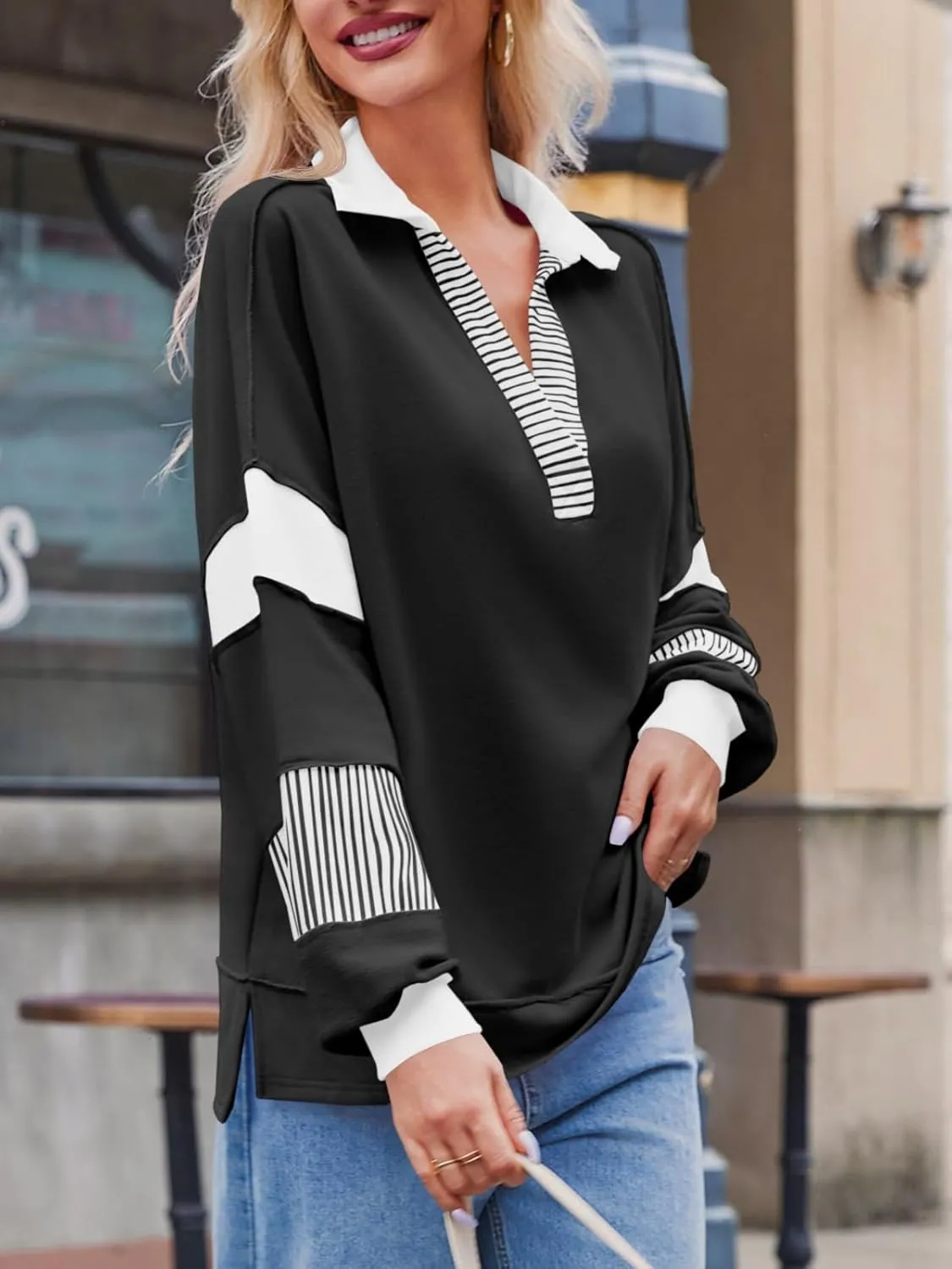 Fisoew Womens Color Block Oversized Sweatshirt V Neck Long Sleeve Casual Loose Pullover Tops