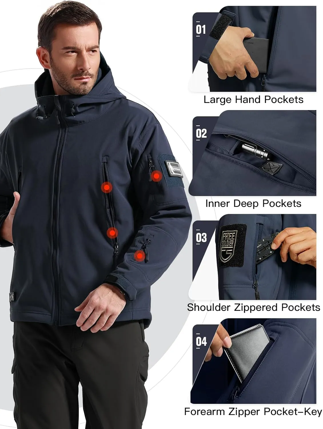 FREE SOLDIER Men's Outdoor Waterproof Soft Shell Hooded Military Tactical Jacket
