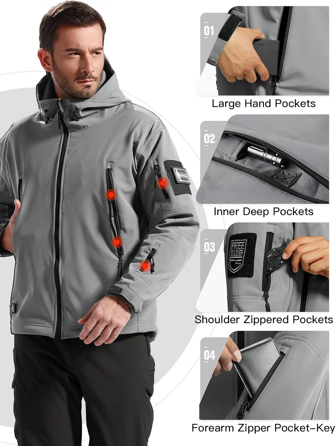 FREE SOLDIER Men's Outdoor Waterproof Soft Shell Hooded Military Tactical Jacket