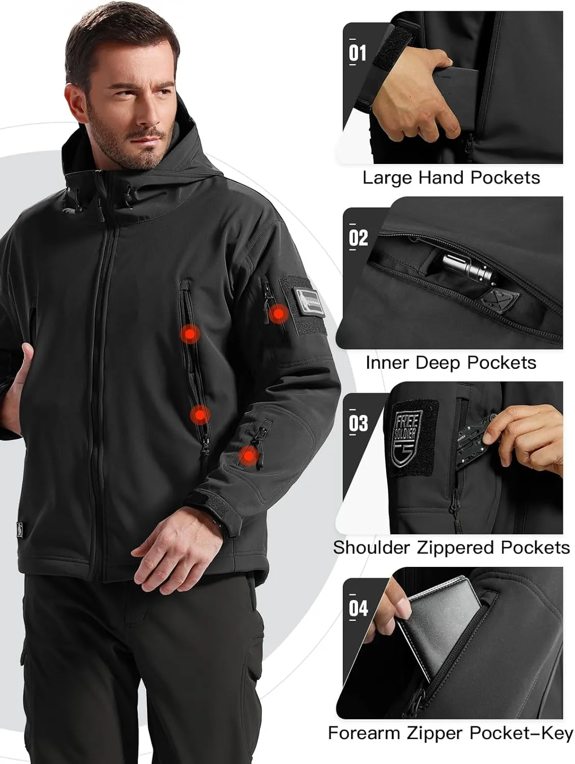 FREE SOLDIER Men's Outdoor Waterproof Soft Shell Hooded Military Tactical Jacket