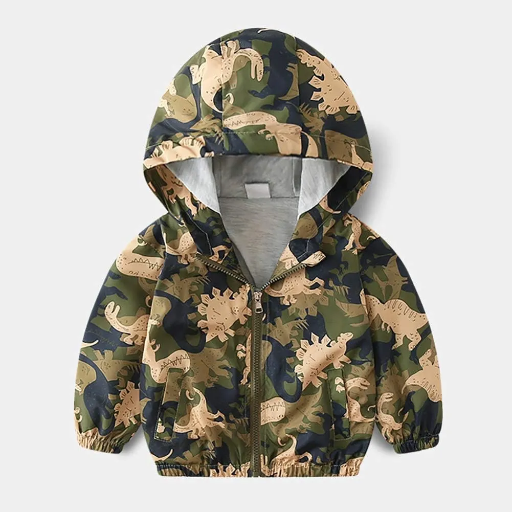FYMNSI Toddler Baby Boys Girls Hooded Jacket Windbreaker Lightweight Dinosaur Print Coat Autumn Long Sleeve Windproof Outwear