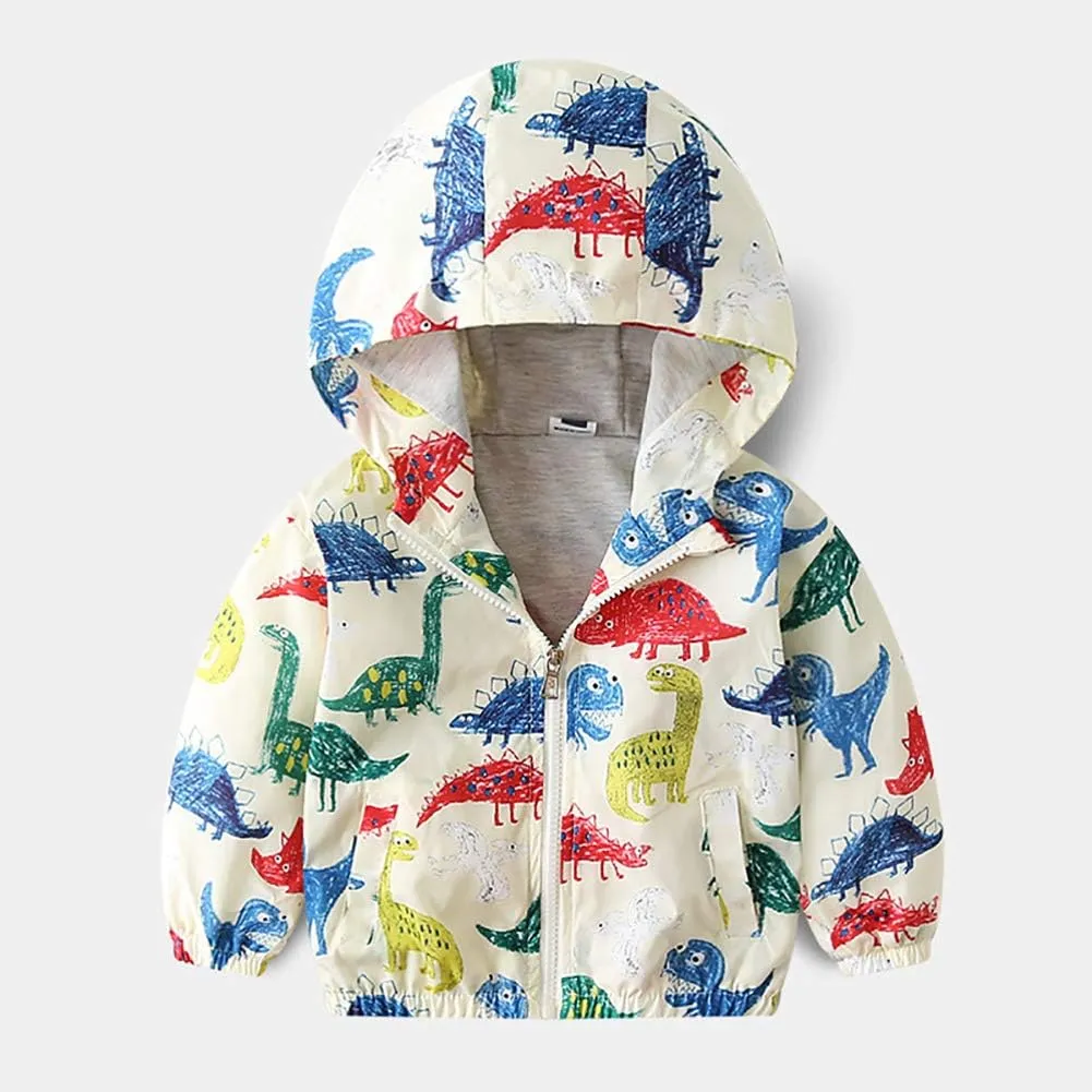 FYMNSI Toddler Baby Boys Girls Hooded Jacket Windbreaker Lightweight Dinosaur Print Coat Autumn Long Sleeve Windproof Outwear