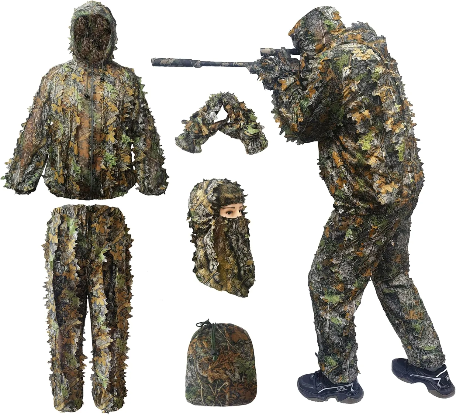 Ghillie Suit, Geely Suit Full Face Mask Gloves Set, Ghillie Suit for Men, Outdoor Camouflage Lucky Suit, Turkey Hunting Camouflage Suit, Outdoor Jungle Games and Halloween.