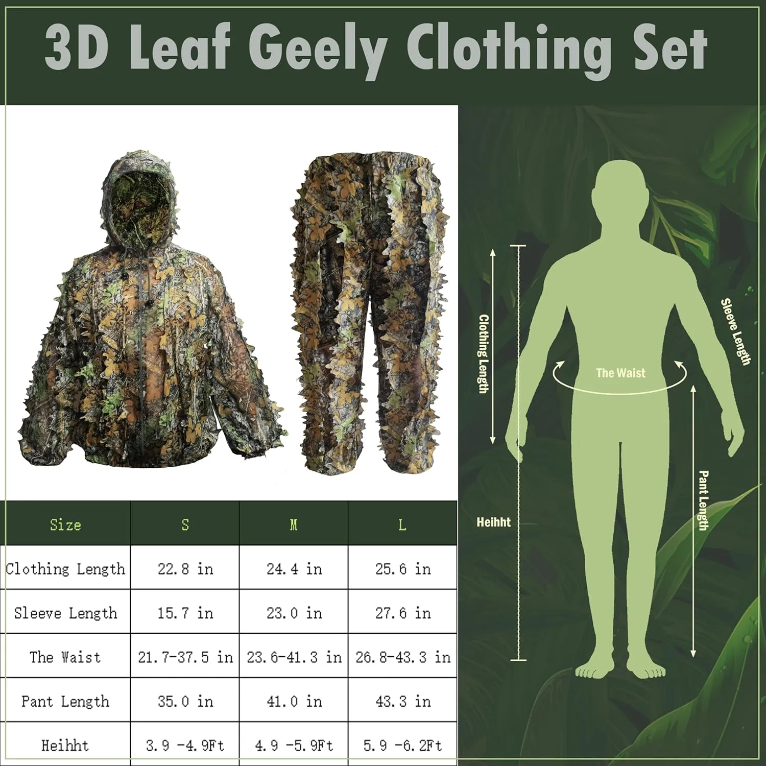 Ghillie Suit, Geely Suit Full Face Mask Gloves Set, Ghillie Suit for Men, Outdoor Camouflage Lucky Suit, Turkey Hunting Camouflage Suit, Outdoor Jungle Games and Halloween.