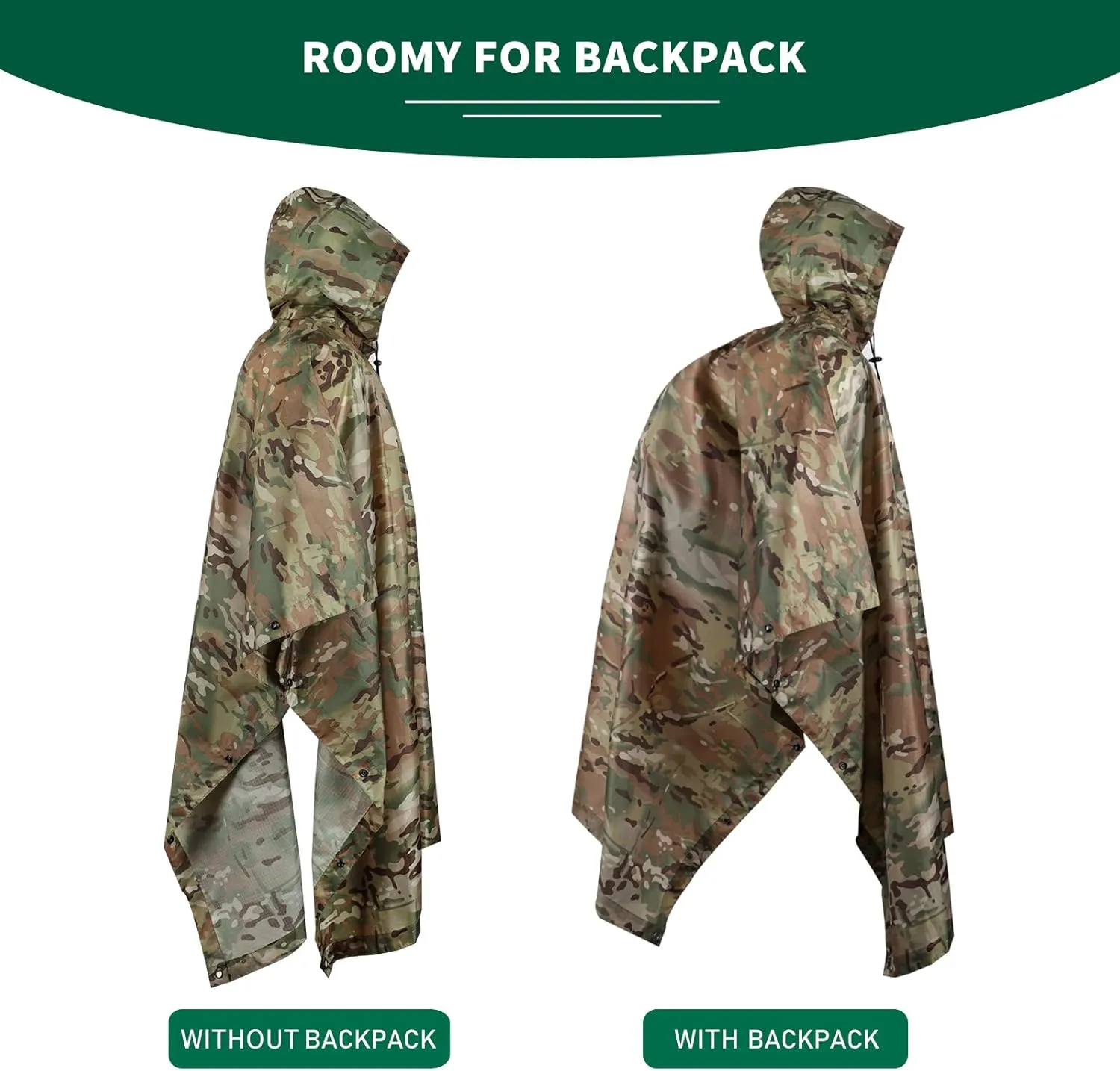 GRVCN Military Rain Poncho, Camouflage Raincoat Outdoor Waterproof Lightweight