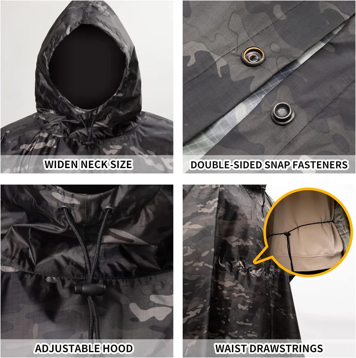 GRVCN Military Rain Poncho, Camouflage Raincoat Outdoor Waterproof Lightweight