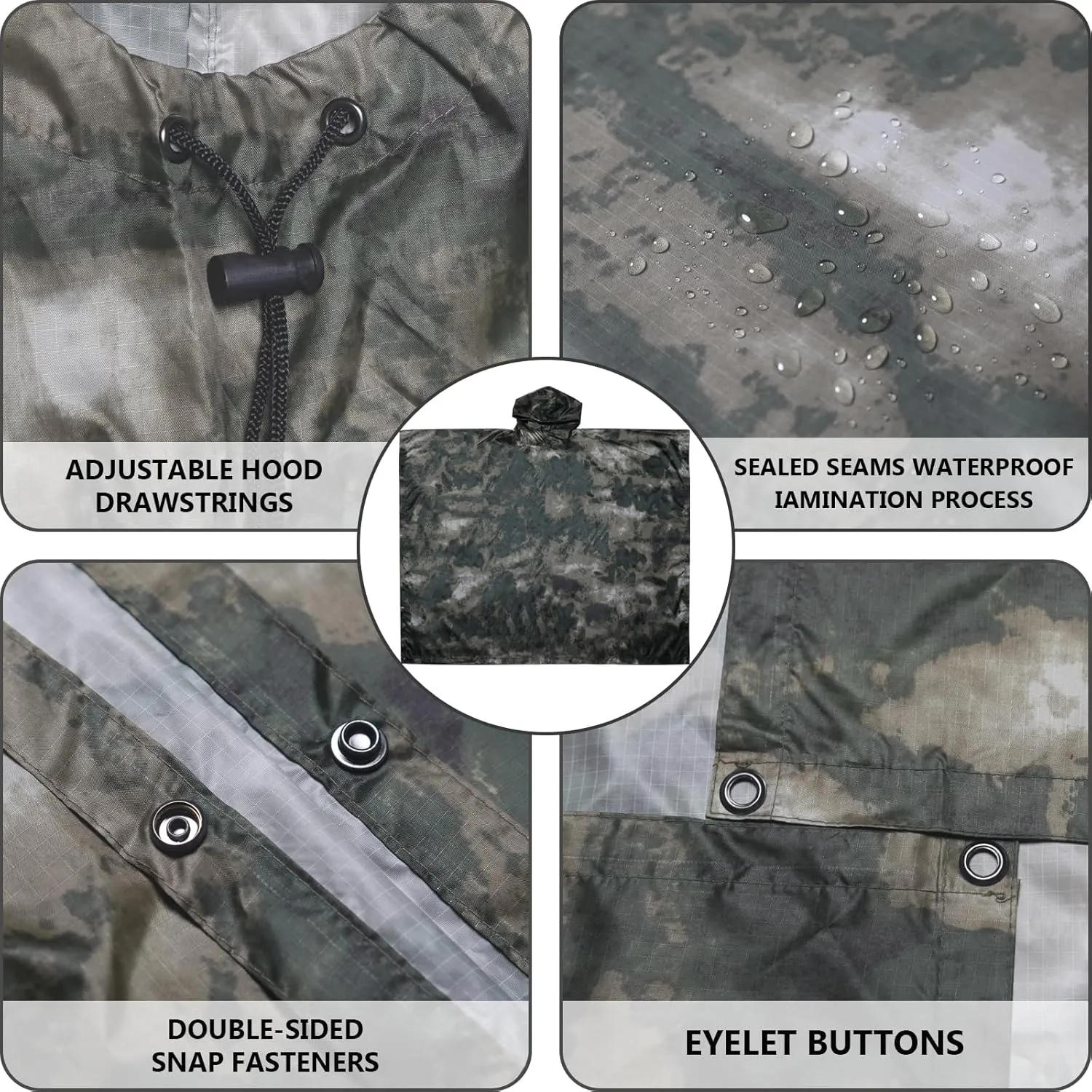 GRVCN Military Rain Poncho, Camouflage Raincoat Outdoor Waterproof Lightweight