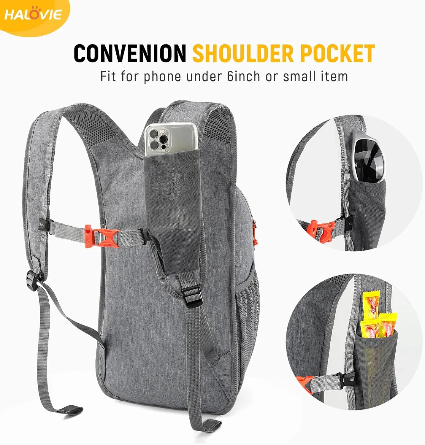 HALOVIE 15L Foldable Hiking Backpack Lightweight Travel Daypack Shoulder Pocket with Chest Strap Small Packable Pack for Walking Women Men (Lightgray)