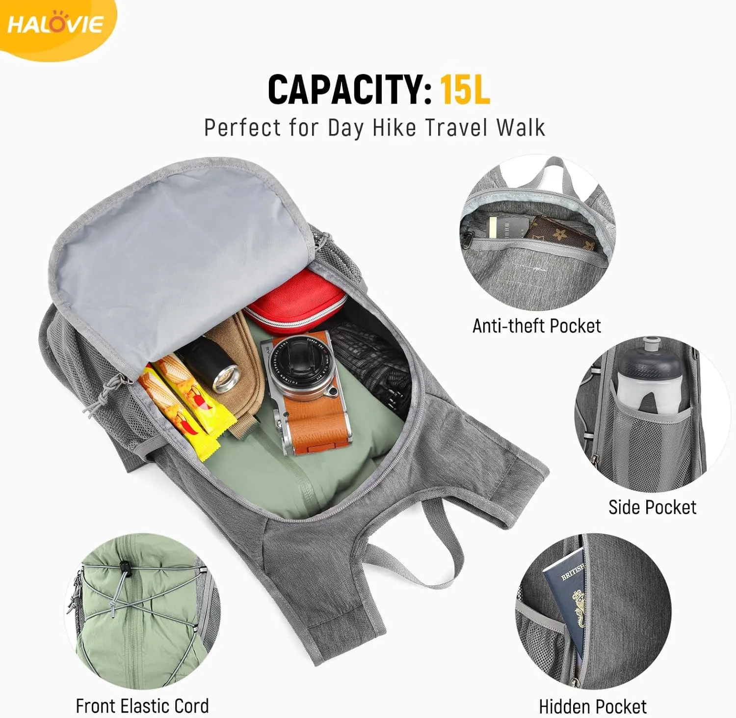 HALOVIE 15L Foldable Hiking Backpack Lightweight Travel Daypack Shoulder Pocket with Chest Strap Small Packable Pack for Walking Women Men (Lightgray)
