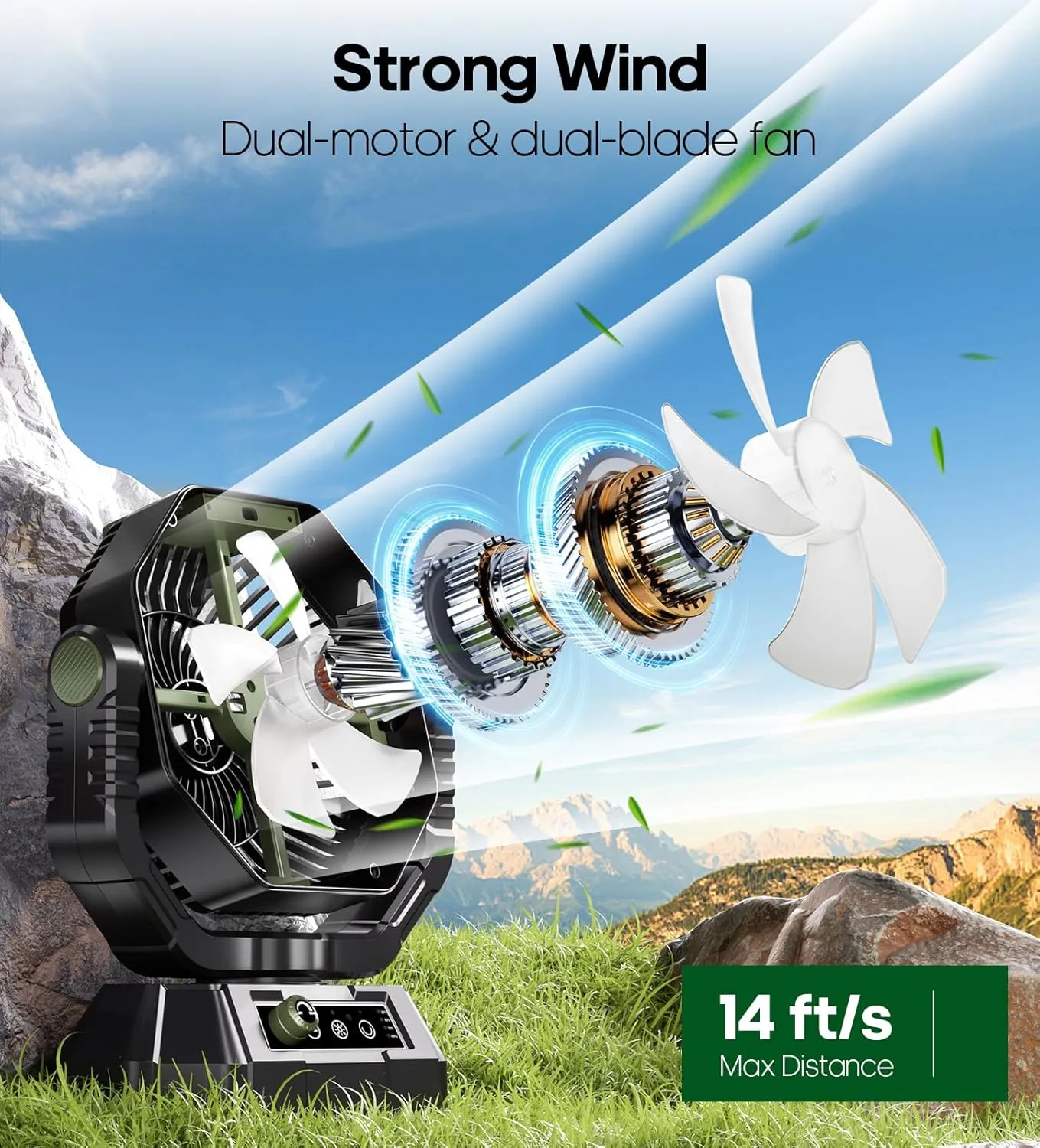 HAWANA Portable Fan Rechargeable20000mAh Camping Fan with 360 Airflow, Battery Powered Ventilador Recargable with Stepless Wind Speeds, 3 Timing, Hanging Hook for Camping, Tents, BBQ, Fishing