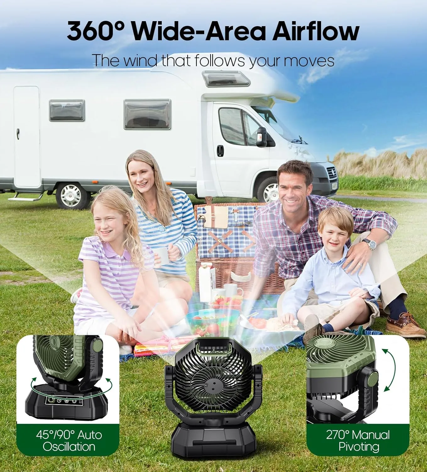 HAWANA Portable Fan Rechargeable20000mAh Camping Fan with 360 Airflow, Battery Powered Ventilador Recargable with Stepless Wind Speeds, 3 Timing, Hanging Hook for Camping, Tents, BBQ, Fishing