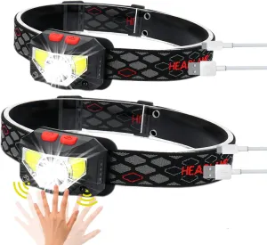 Headlamp Rechargeable 2 Pack 1200 Lumen Ultra Bright, Motion Sensor Waterproof, Hardhat Head lamp with White Red Light, 8 Mode for Outdoor Camping Running Repairing Cycling