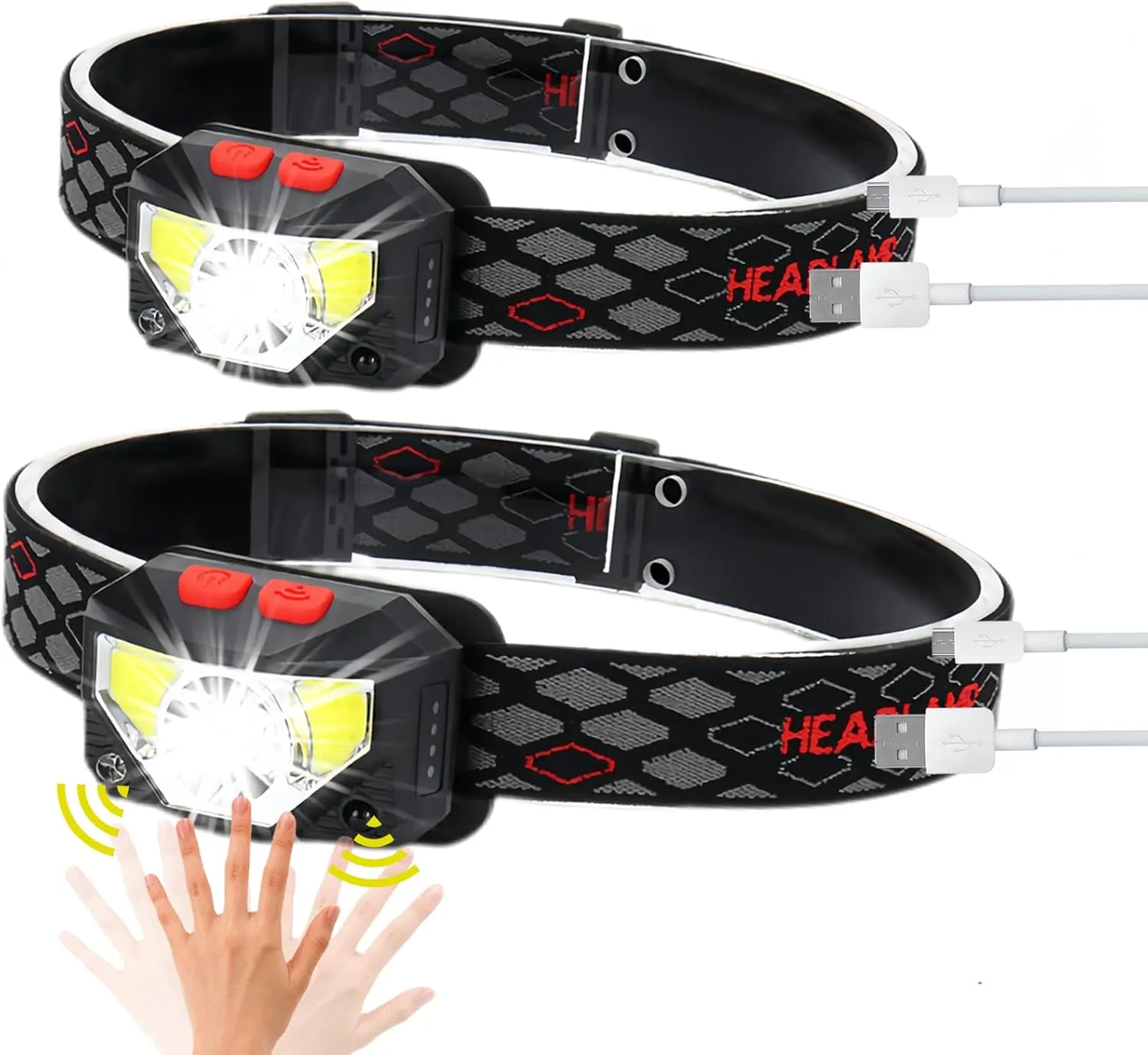 Headlamp Rechargeable 2 Pack 1200 Lumen Ultra Bright, Motion Sensor Waterproof, Hardhat Head lamp with White Red Light, 8 Mode for Outdoor Camping Running Repairing Cycling