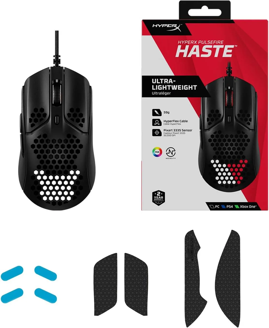 HyperX Pulsefire Haste  Gaming Mouse, Ultra-Lightweight, 59g, Honeycomb Shell, Hex Design, RGB, HyperFlex USB Cable, Up to 16000 DPI, 6 Programmable Buttons,Black