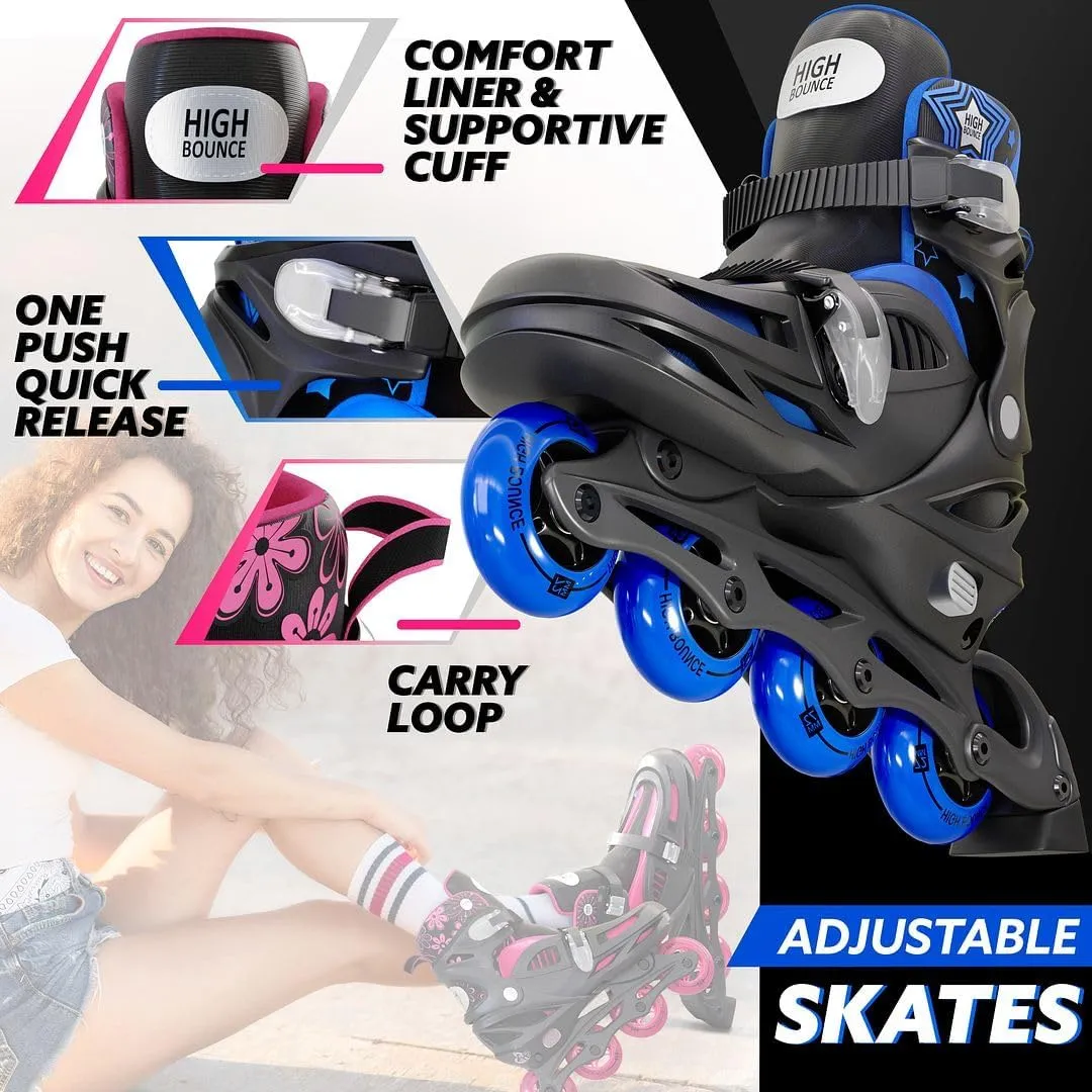 Inline Skates for Girls and Boys, with Knee Pads, Elbow Pads and Wrist Guards, Gel Wheels, Adjustable Sizing, for Men, Women, Girls, Boys, High Bounce