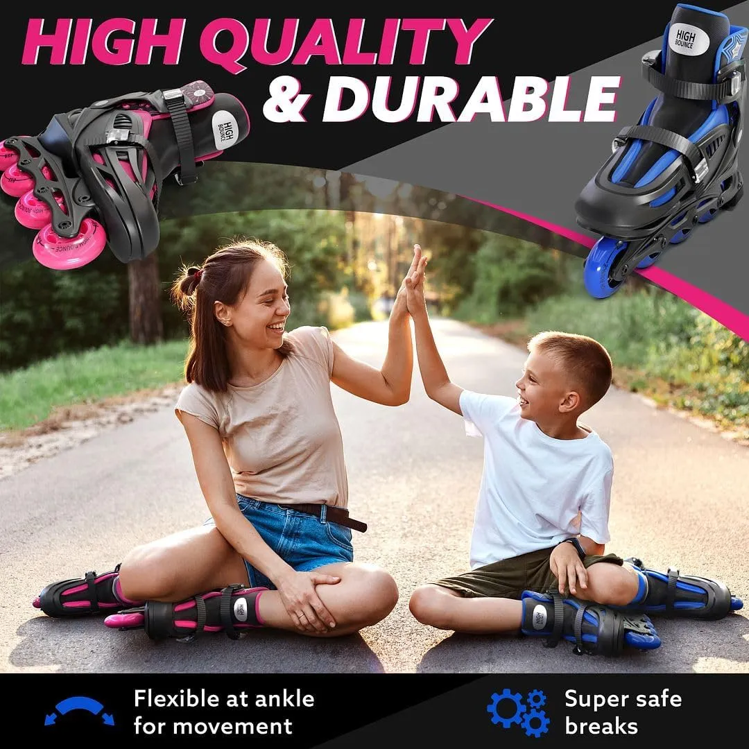 Inline Skates for Girls and Boys, with Knee Pads, Elbow Pads and Wrist Guards, Gel Wheels, Adjustable Sizing, for Men, Women, Girls, Boys, High Bounce
