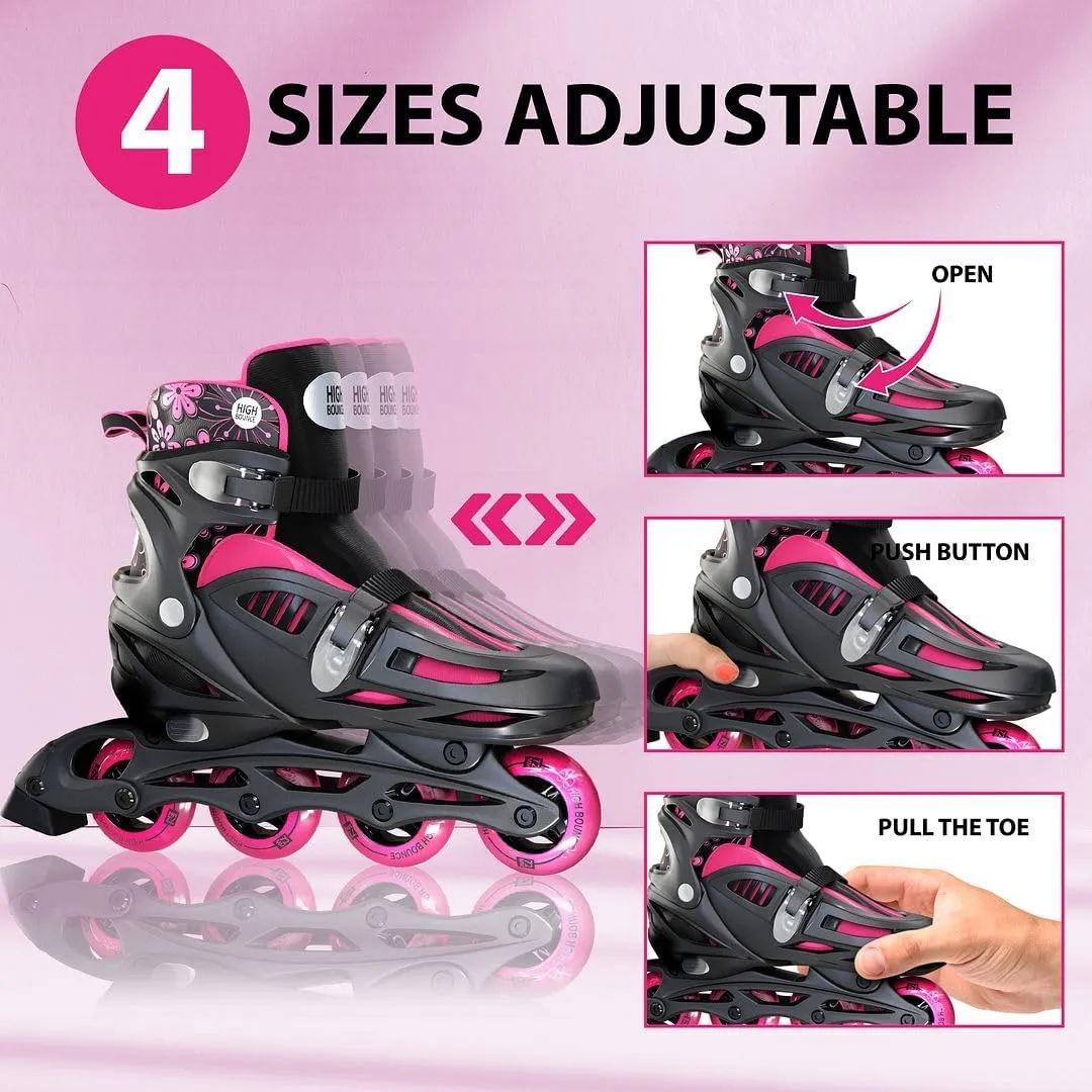 Inline Skates for Girls and Boys, with Knee Pads, Elbow Pads and Wrist Guards, Gel Wheels, Adjustable Sizing, for Men, Women, Girls, Boys, High Bounce