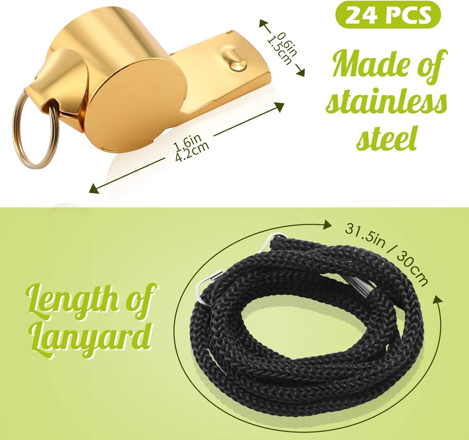 Jenaai Loud Metal Whistle with Lanyard, Stainless Steel Sport Whistle Coach Referee for Adults Survival Emergency Gold Whistle for Teachers Police Football Basketball Soccer Hockey