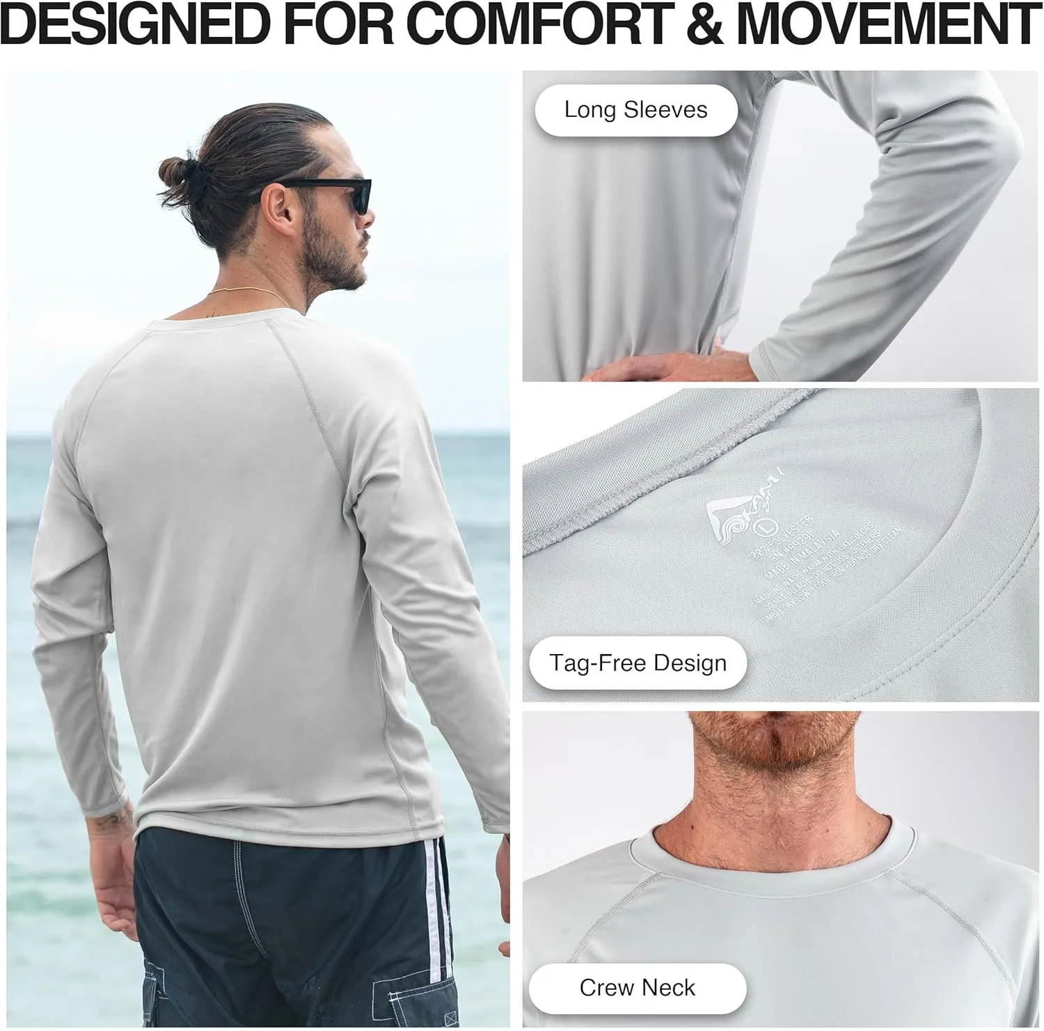 Kanu Surf Men's Rash Guard Long Sleeve Swim Shirts for Men SPF UPF 50 Sun Protection Fishing and Running Shirt