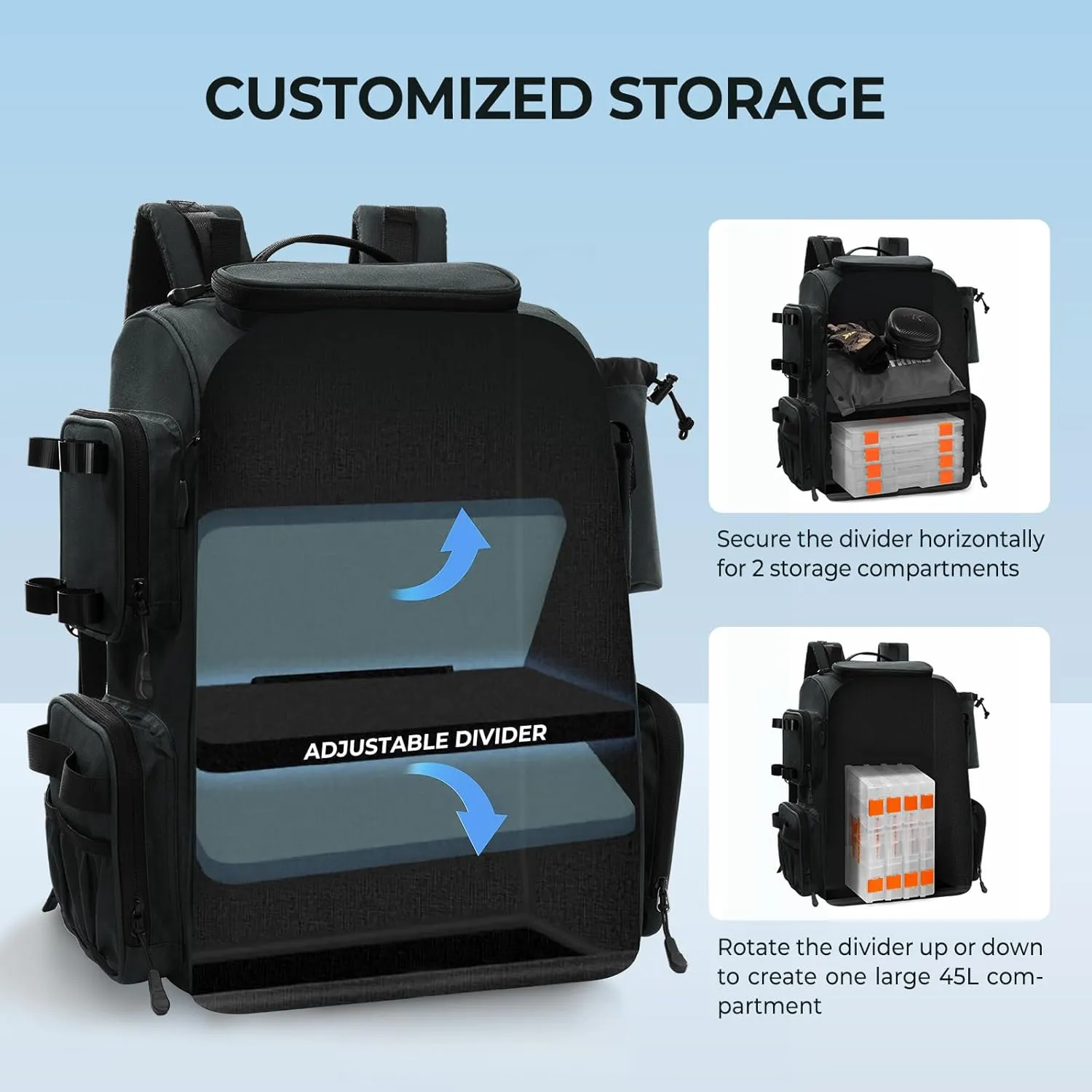 KastKing Bait Boss Fishing Tackle Backpack with Rod Holders-4 Tackle Boxes-Rain Cover,43L Large Storage for Fishing Gear