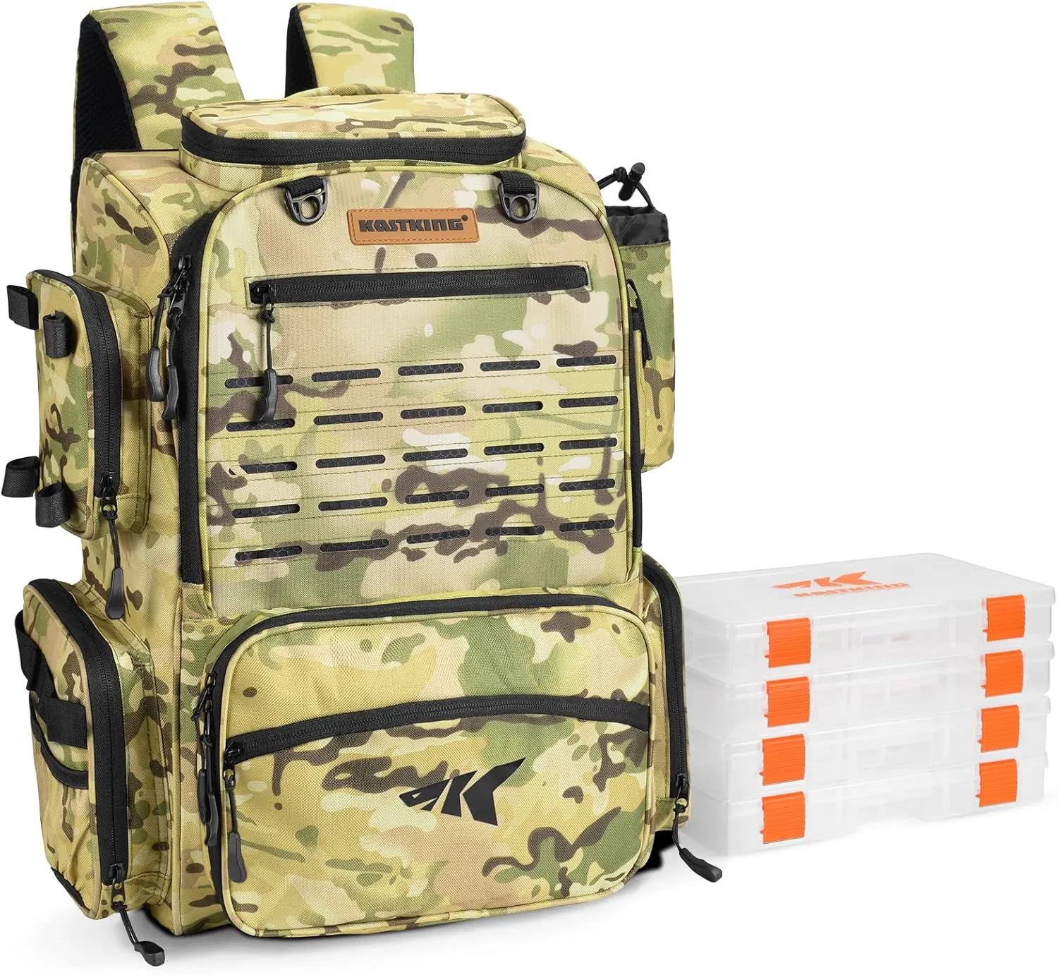 KastKing Bait Boss Fishing Tackle Backpack with Rod Holders-4 Tackle Boxes-Rain Cover,43L Large Storage for Fishing Gear