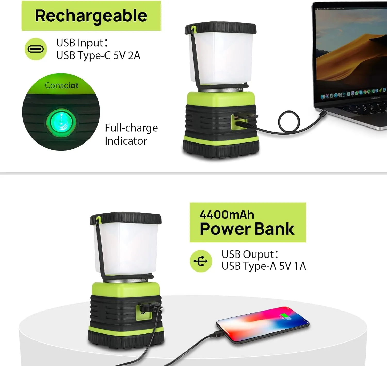 LED Camping Lantern Rechargeable, Consciot Camping Lights, 1000LM, 4 Light Modes, 4400mAh Power Bank, IPX4 Waterproof, Dimmable Tent Lights for Emergency, Power Outages, USB C Cable Included, 2 Pack